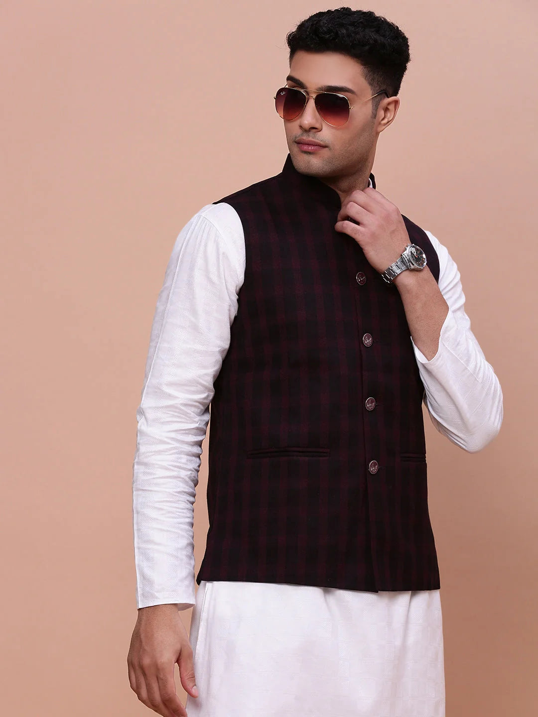 Men's Checked Burgundy Nehru Jacket | Slim Fit Kurta Pajama