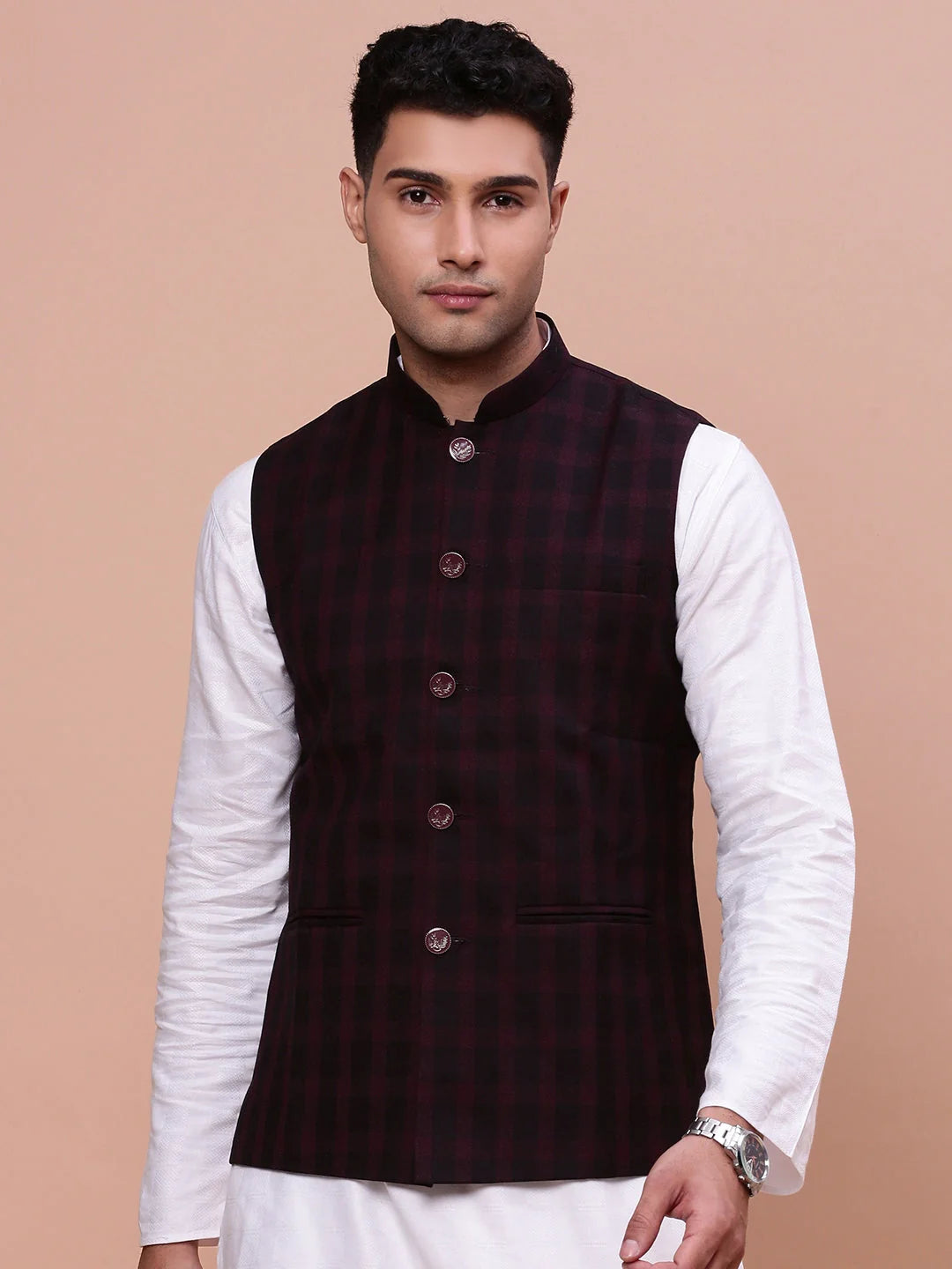 Men's Checked Burgundy Nehru Jacket | Slim Fit Kurta Pajama