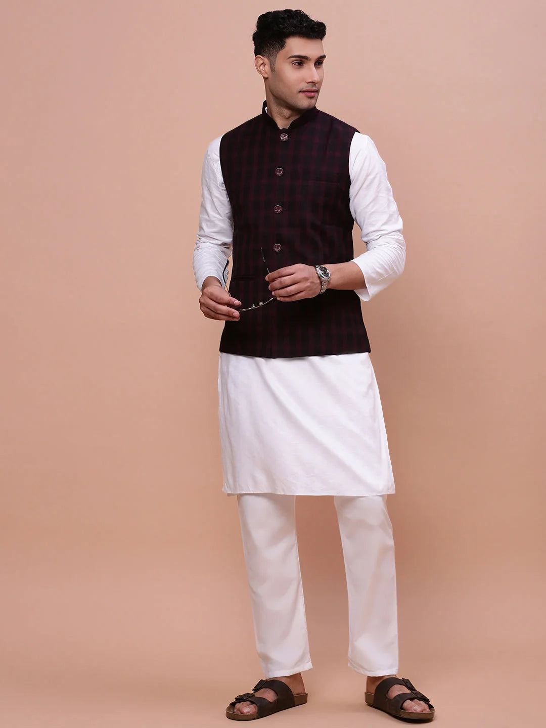 Men's Checked Burgundy Nehru Jacket | Slim Fit Kurta Pajama