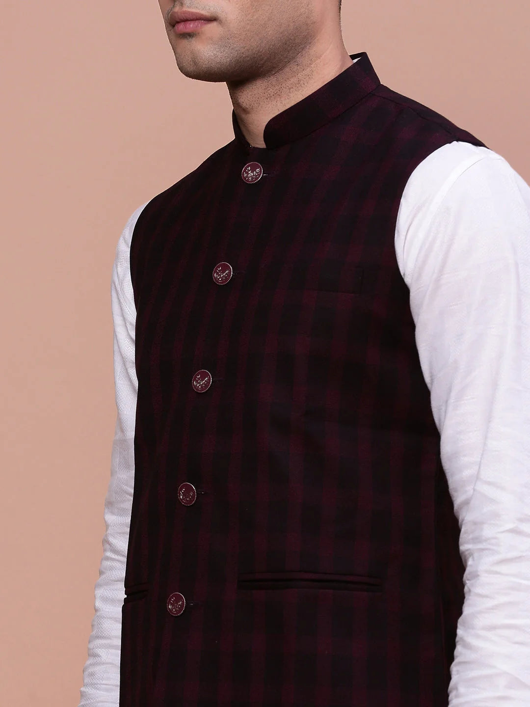 Men's Checked Burgundy Nehru Jacket | Slim Fit Kurta Pajama