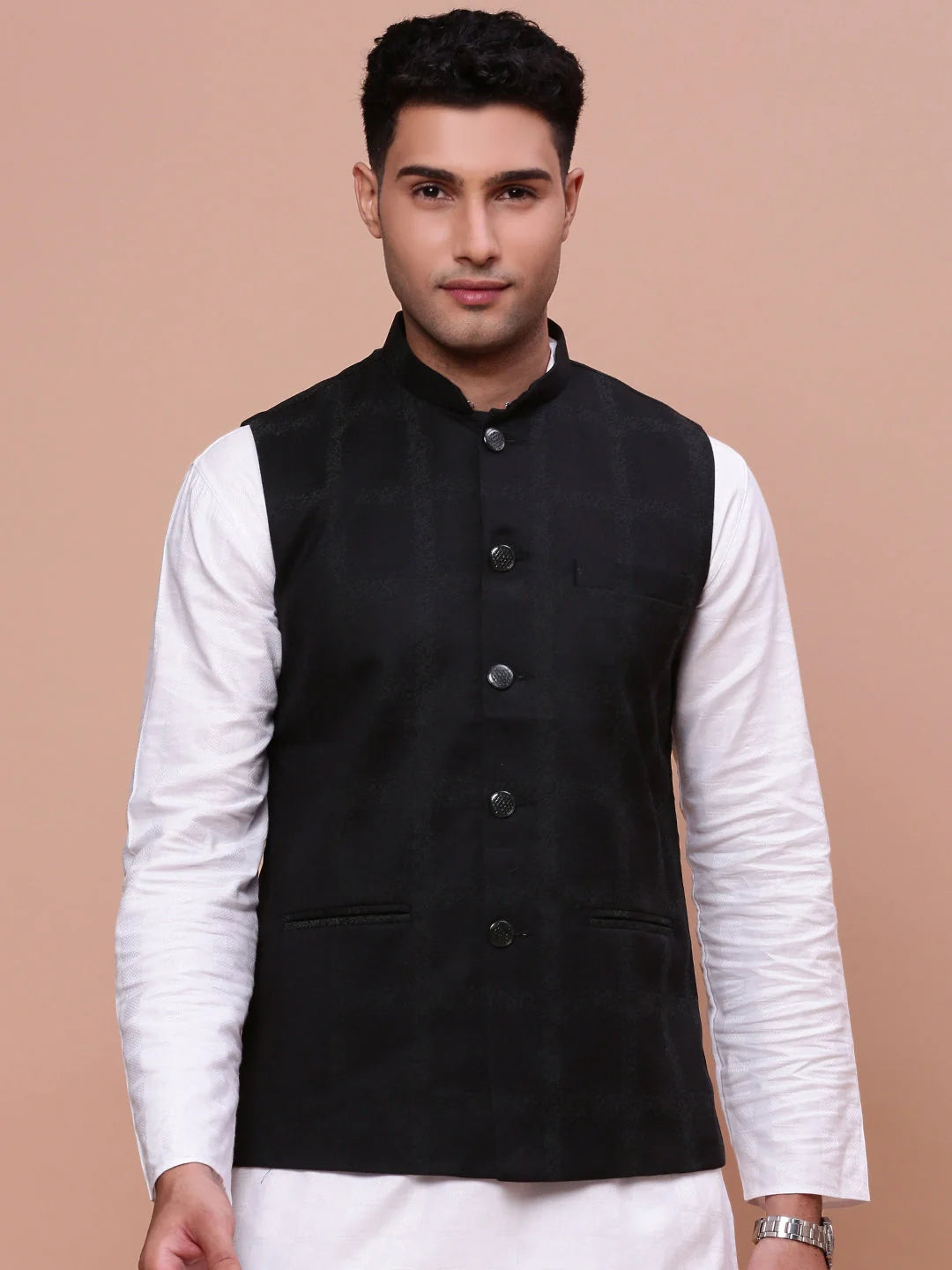 Men's Printed Black Nehru Jacket | Slim Fit Kurta Pajama Set