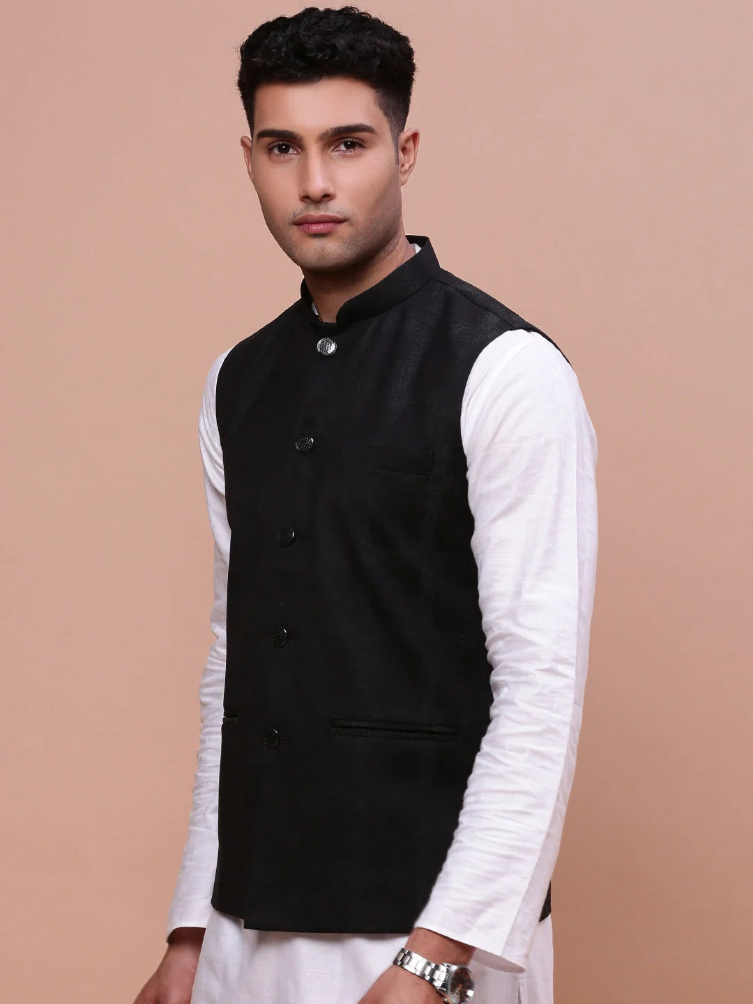 Men's Printed Black Nehru Jacket | Slim Fit Kurta Pajama Set