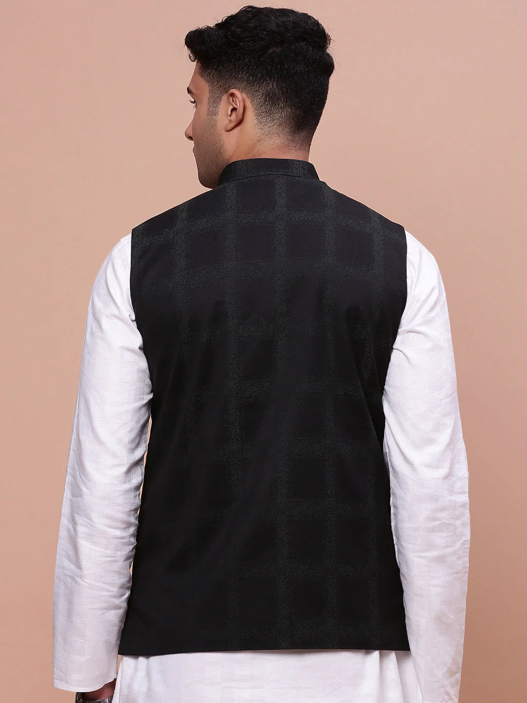 Men's Printed Black Nehru Jacket | Slim Fit Kurta Pajama Set