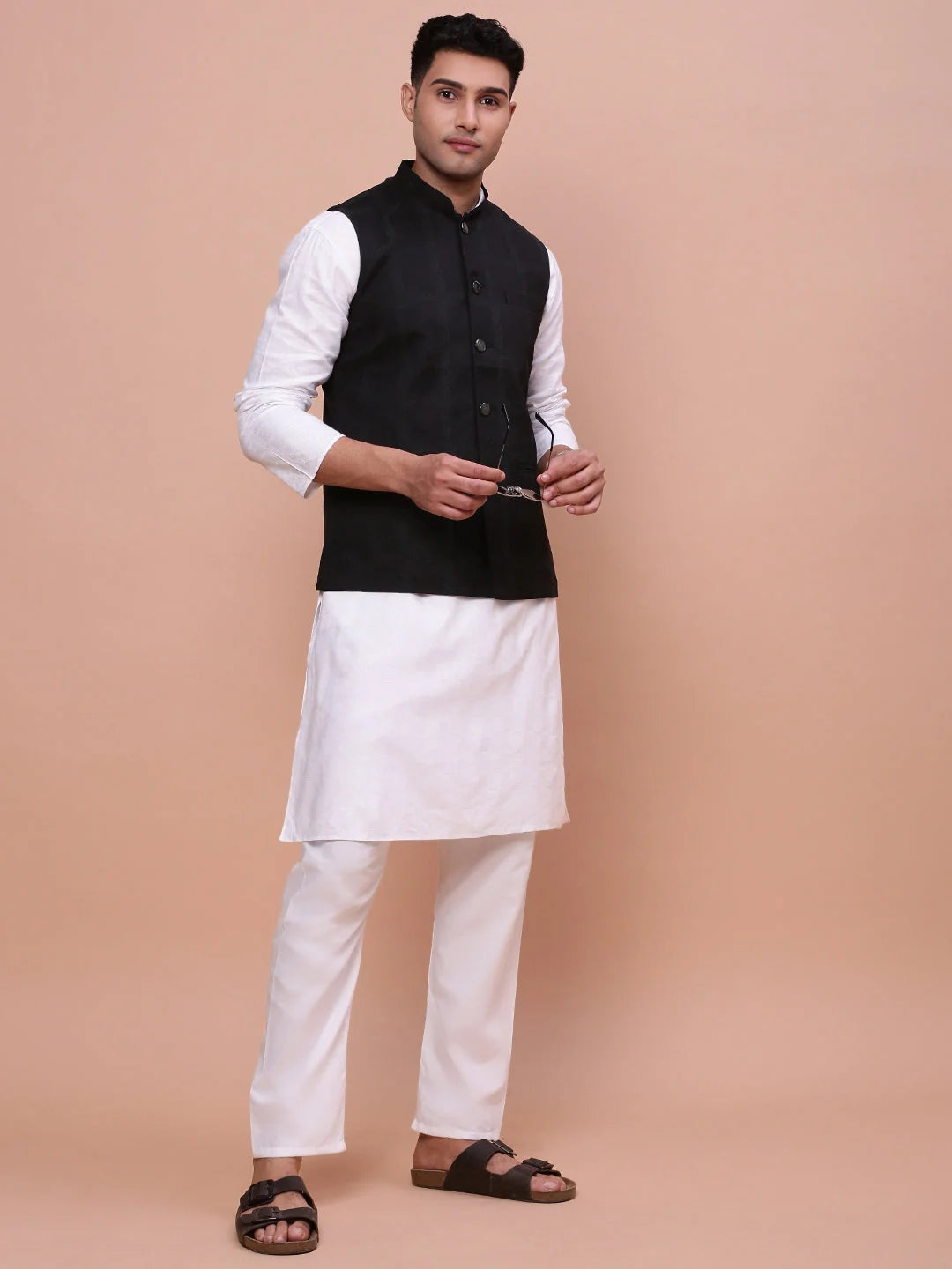Men's Printed Black Nehru Jacket | Slim Fit Kurta Pajama Set