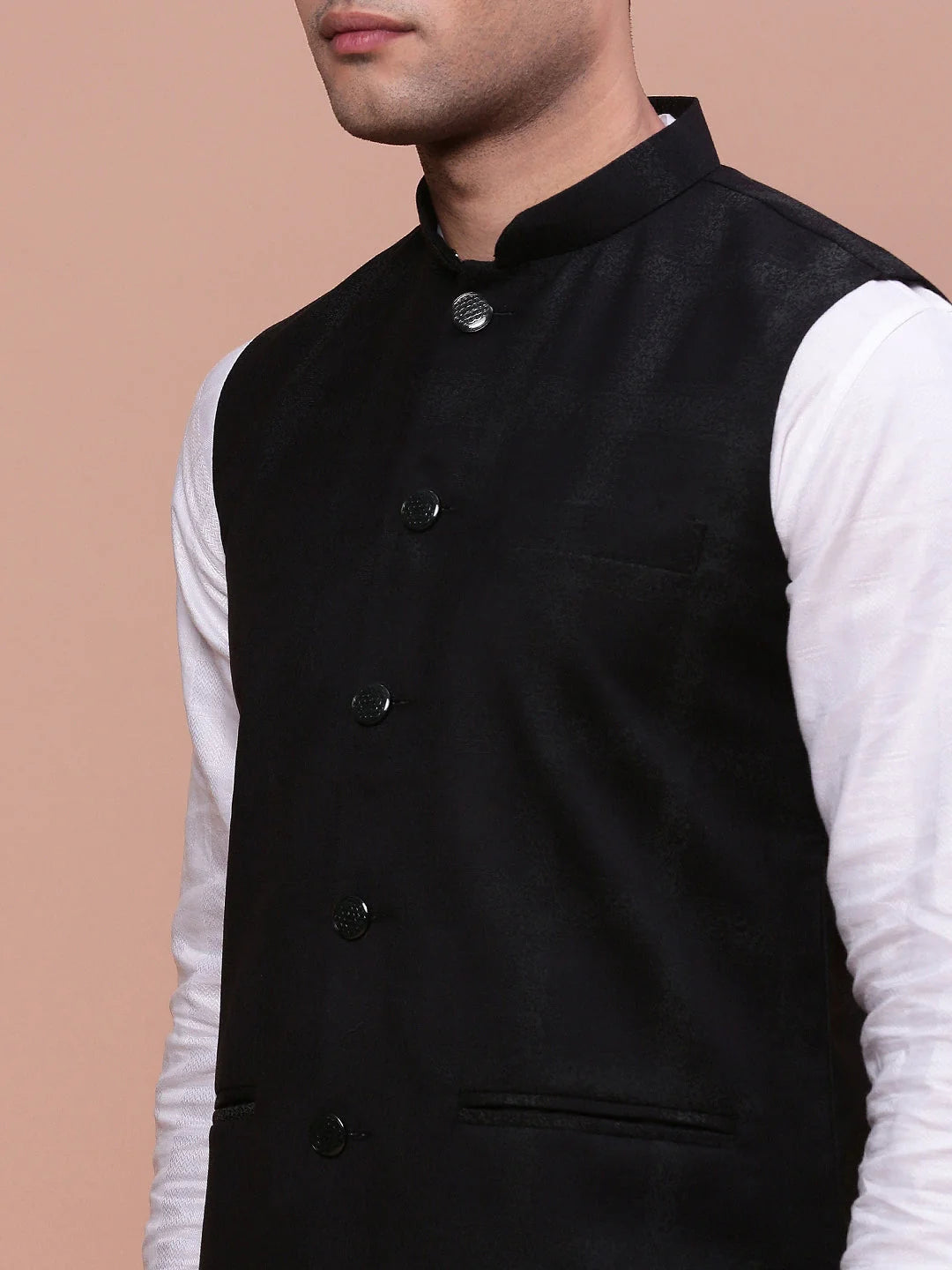 Men's Printed Black Nehru Jacket | Slim Fit Kurta Pajama Set