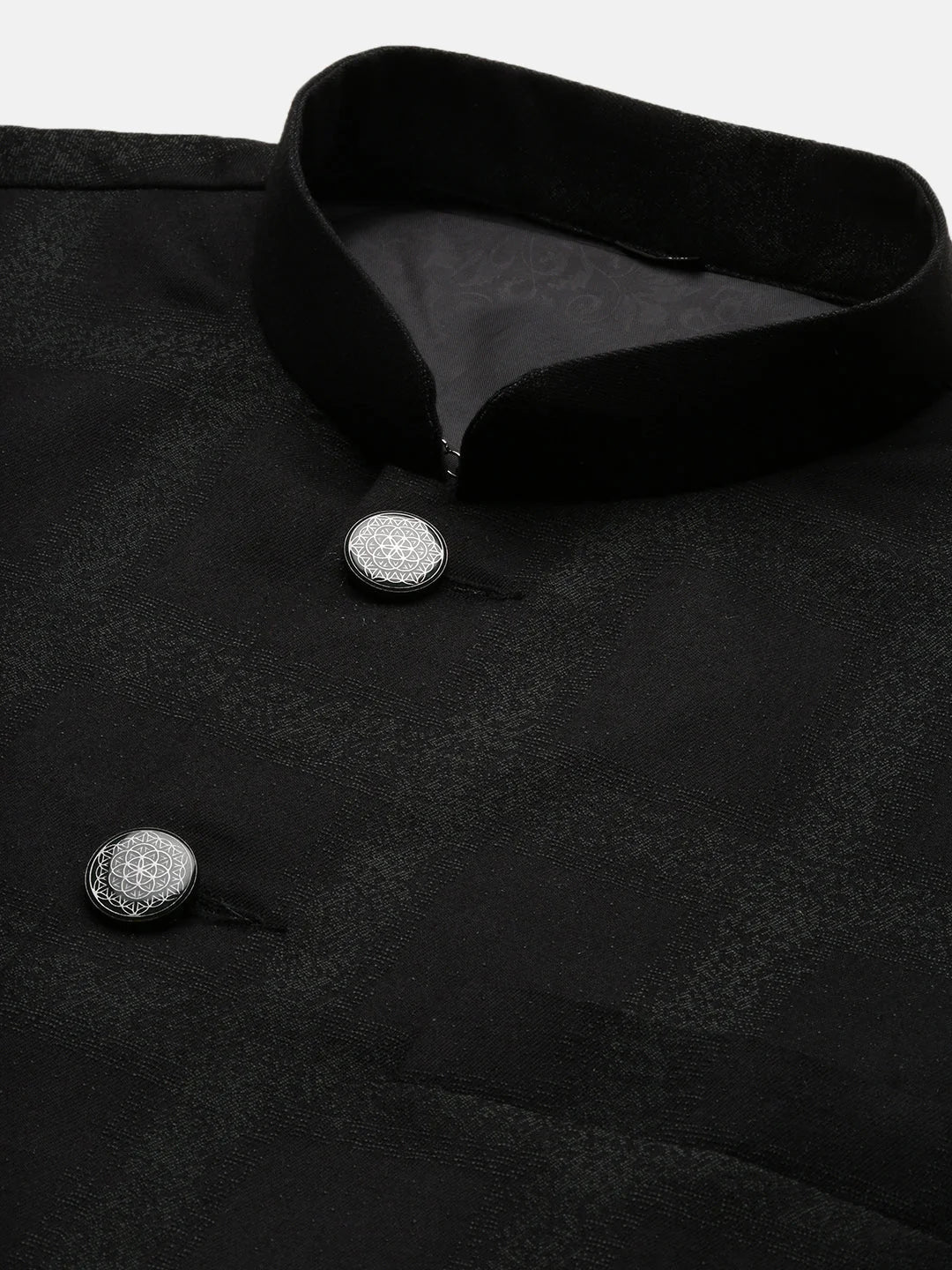 Men's Printed Black Nehru Jacket | Slim Fit Kurta Pajama Set