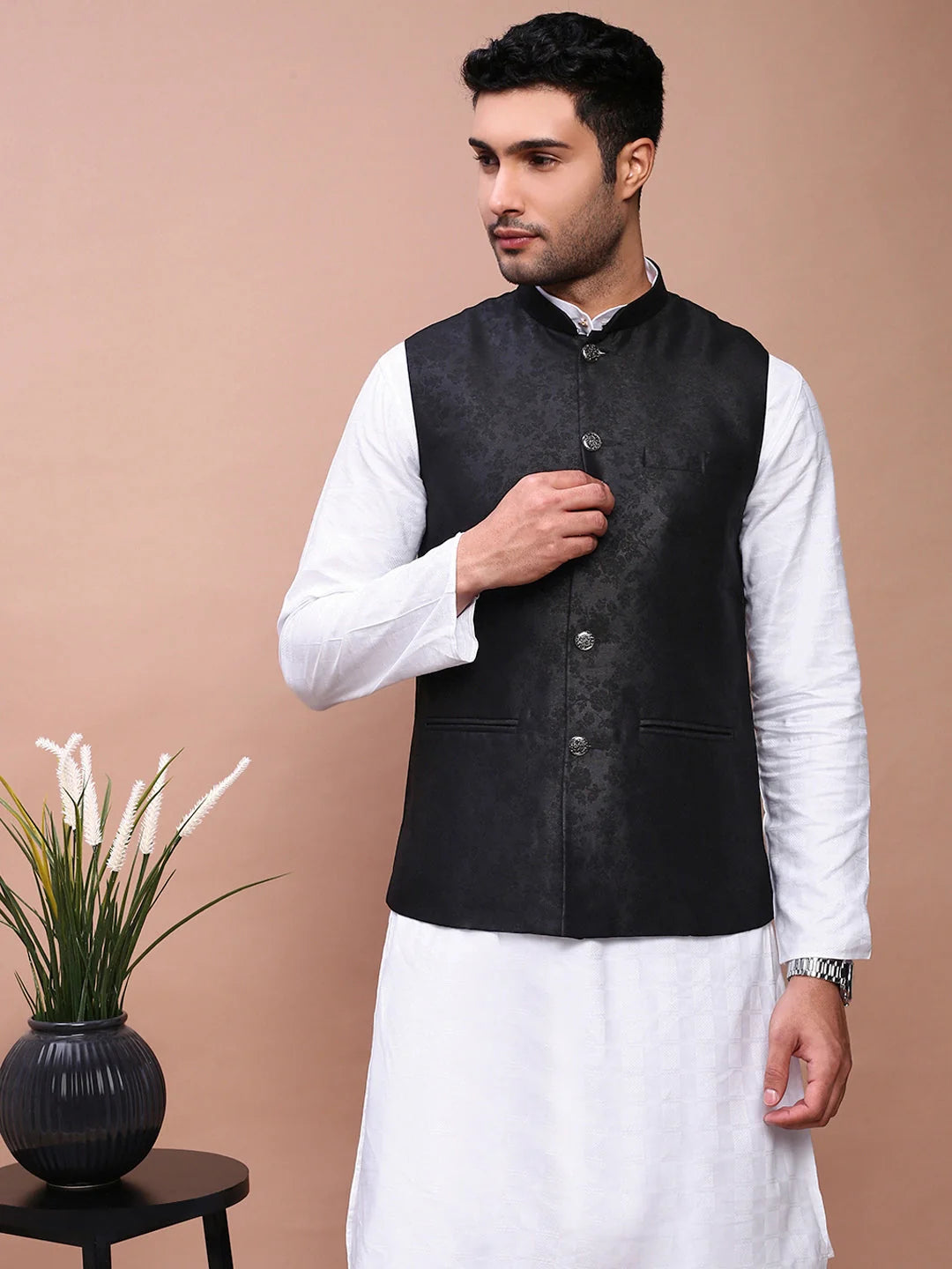 Black Woven Design Nehru Jacket | Classic Mens Kurta Pajama