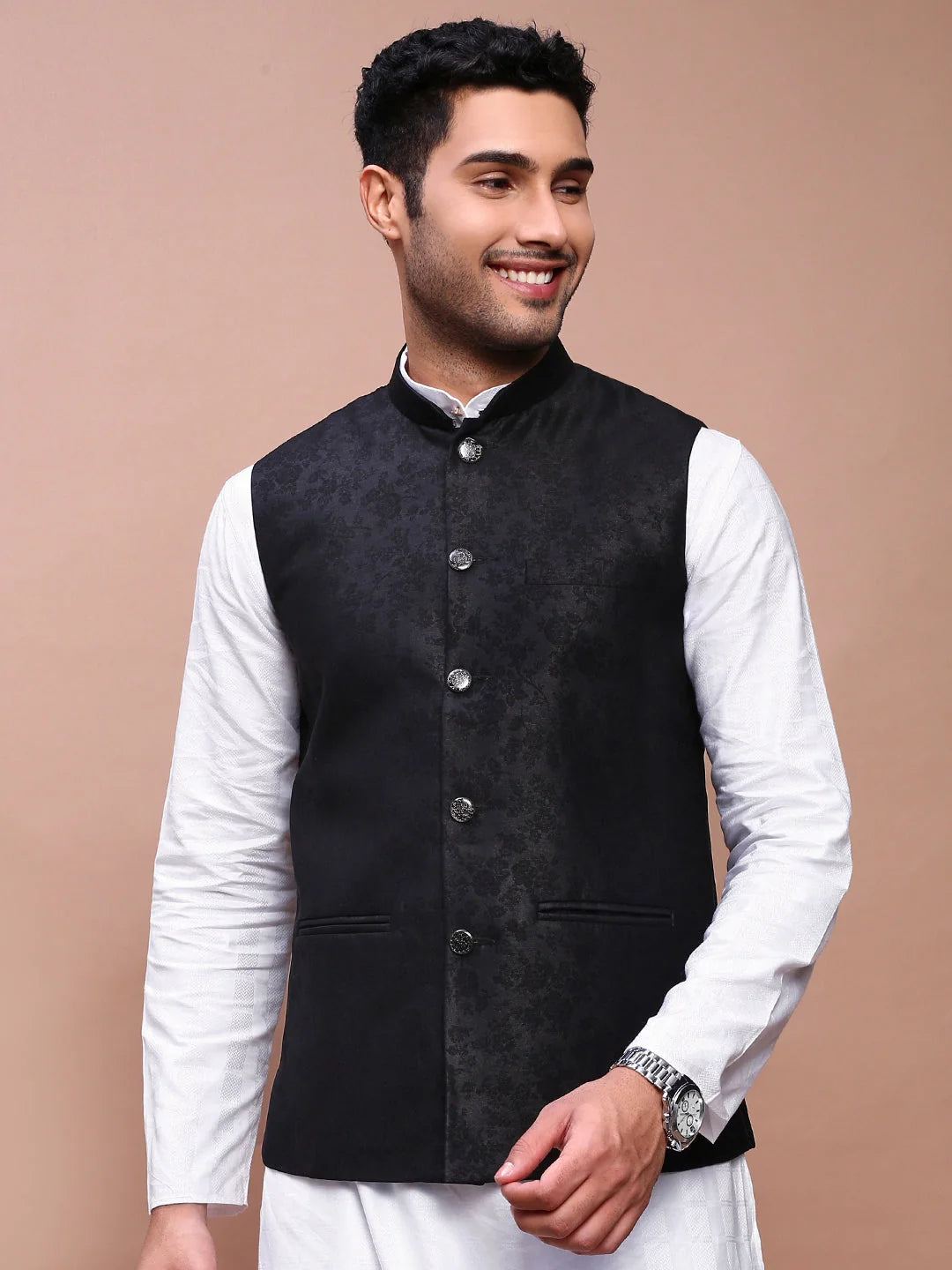 Black Woven Design Nehru Jacket | Classic Mens Kurta Pajama