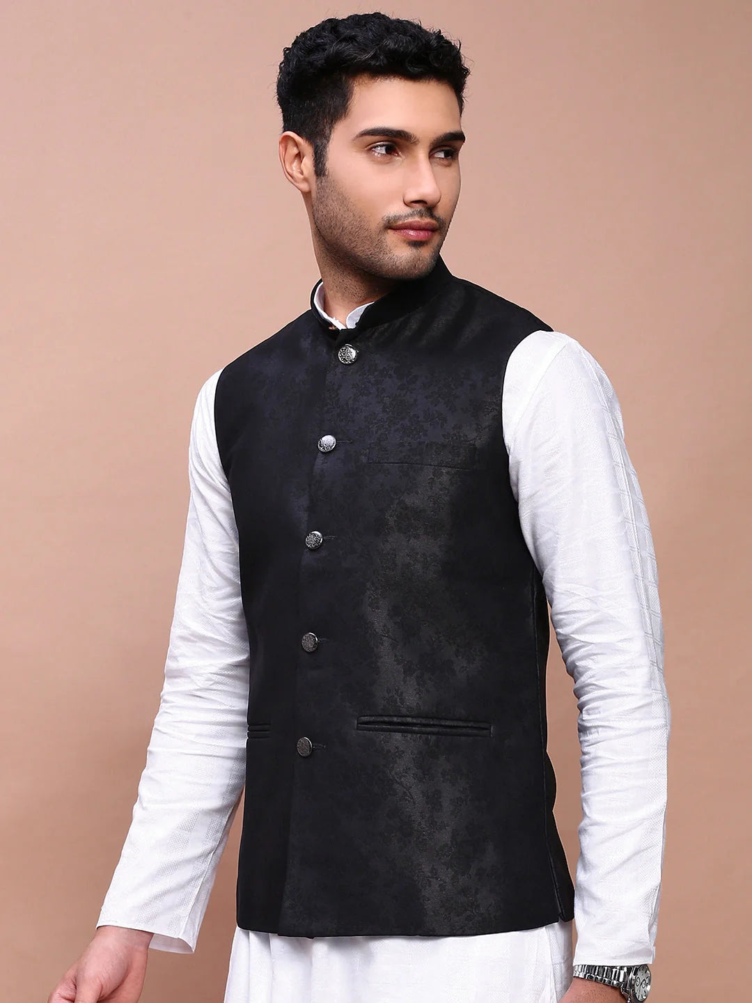 Black Woven Design Nehru Jacket | Classic Mens Kurta Pajama