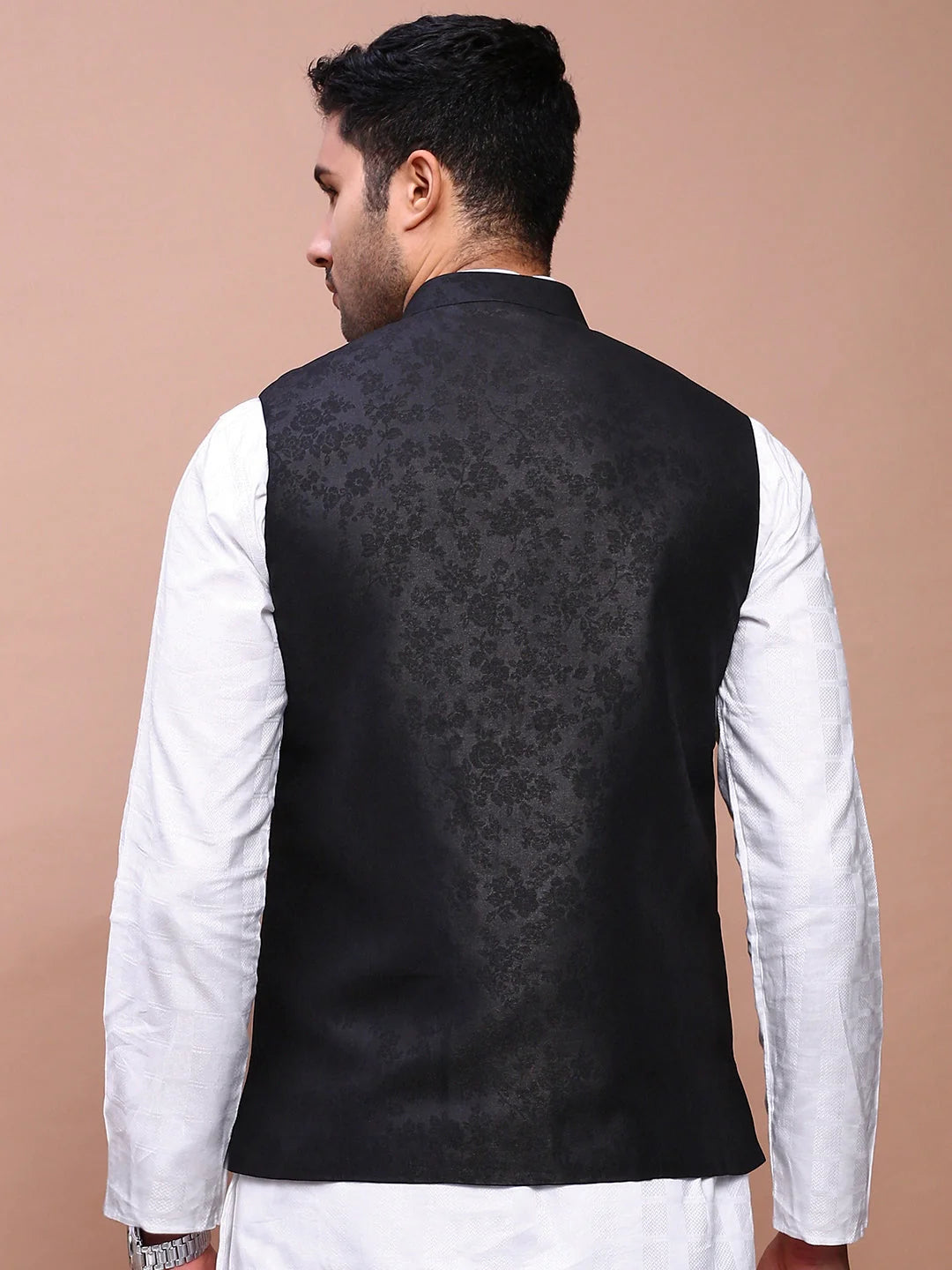 Black Woven Design Nehru Jacket | Classic Mens Kurta Pajama