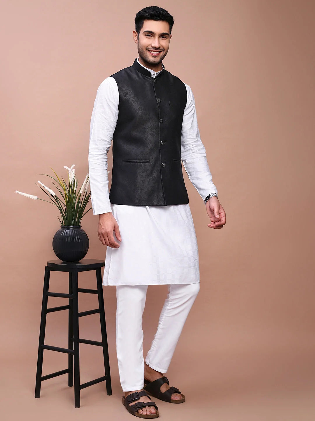 Black Woven Design Nehru Jacket | Classic Mens Kurta Pajama