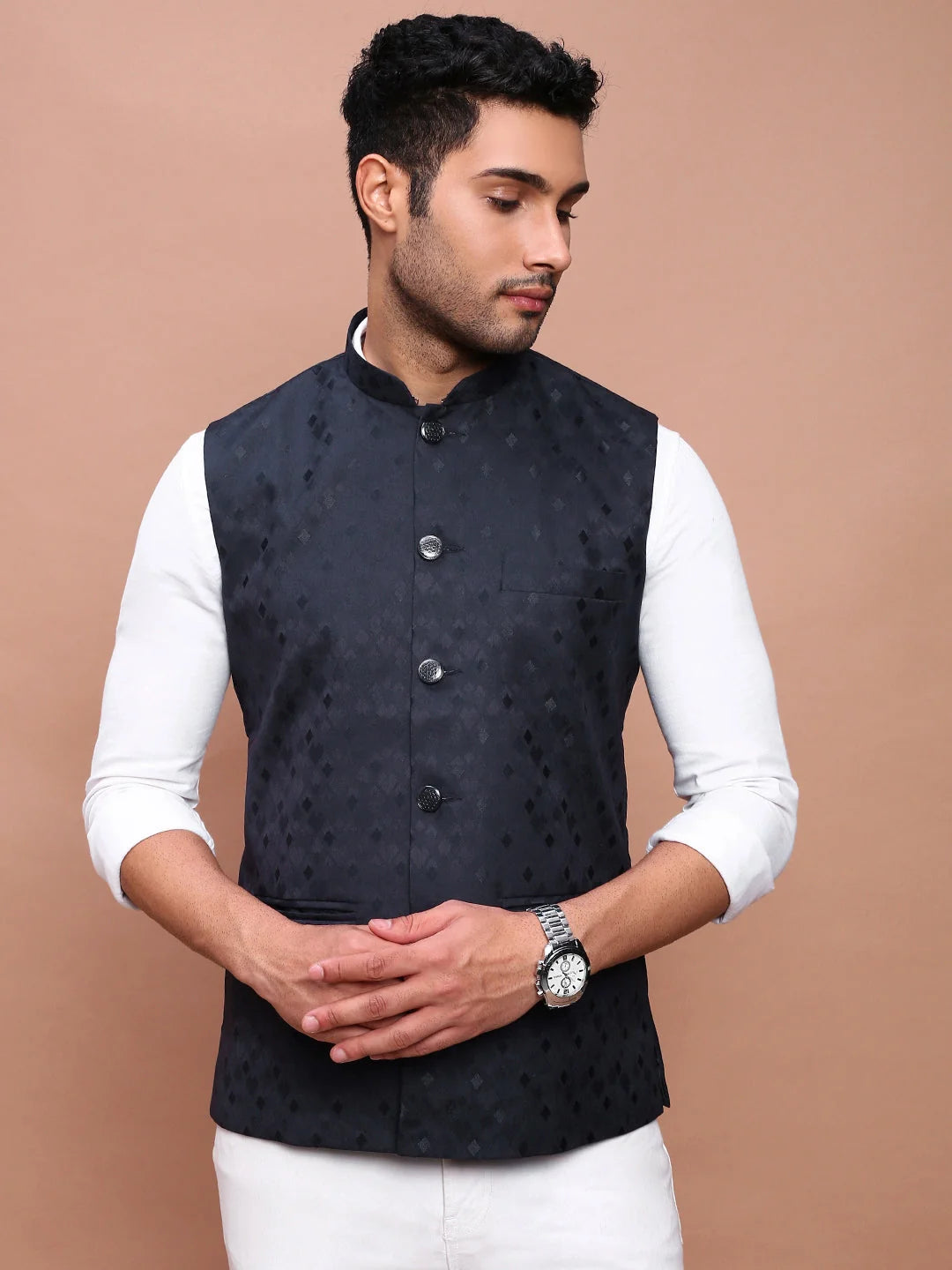 Navy Woven Nehru Jacket - Slim Fit Cotton Mens Kurta Pajama Set