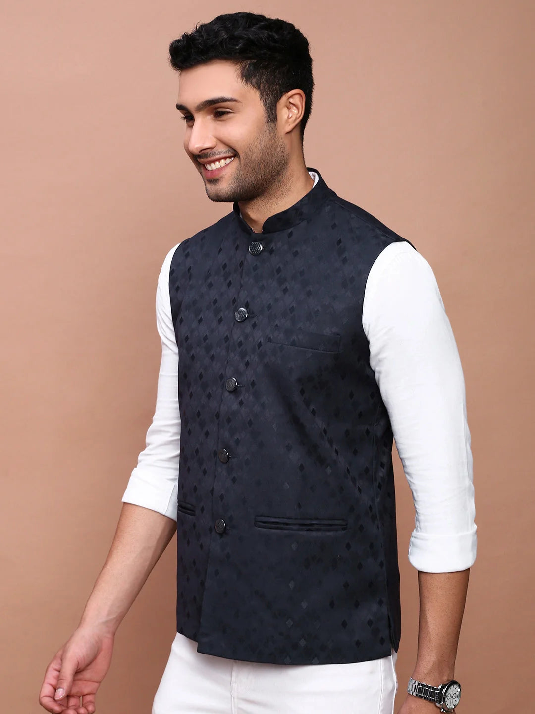 Navy Woven Nehru Jacket - Slim Fit Cotton Mens Kurta Pajama Set