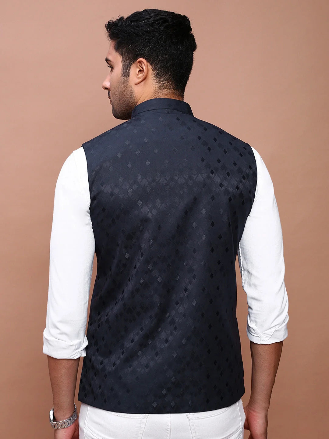 Navy Woven Nehru Jacket - Slim Fit Cotton Mens Kurta Pajama Set