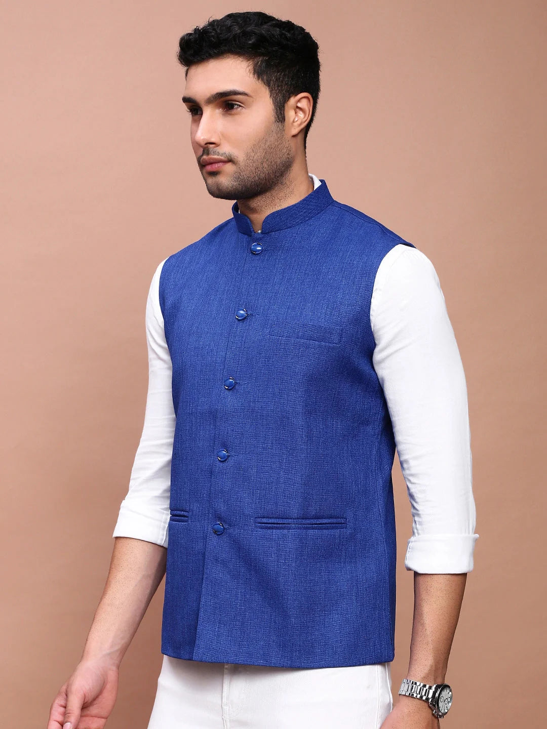 Blue Solid Nehru Jacket - Slim Fit Cotton Mens Kurta Pajama Look