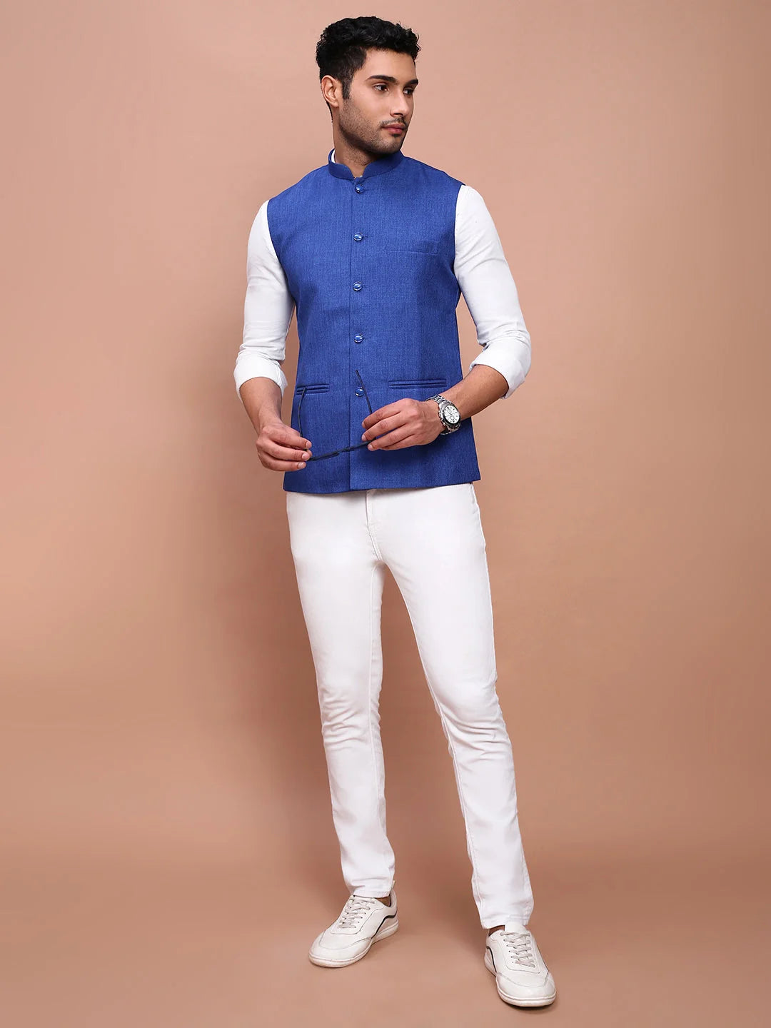 Blue Solid Nehru Jacket - Slim Fit Cotton Mens Kurta Pajama Look