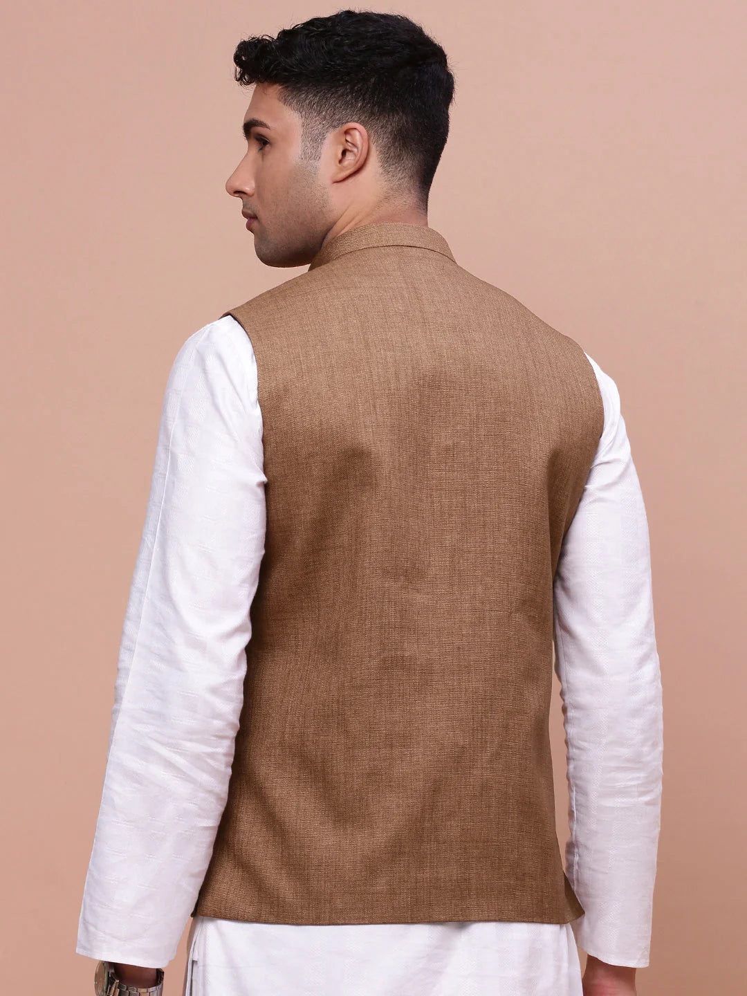 Men's Solid Brown Nehru Jacket | Slim Fit Kurta Pajama Outfit