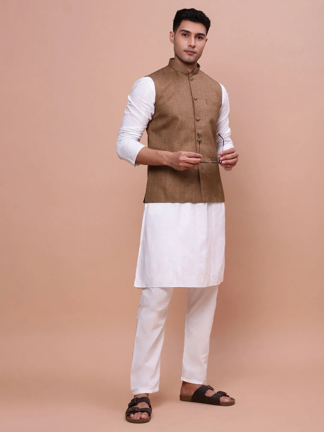 Men's Solid Brown Nehru Jacket | Slim Fit Kurta Pajama Outfit