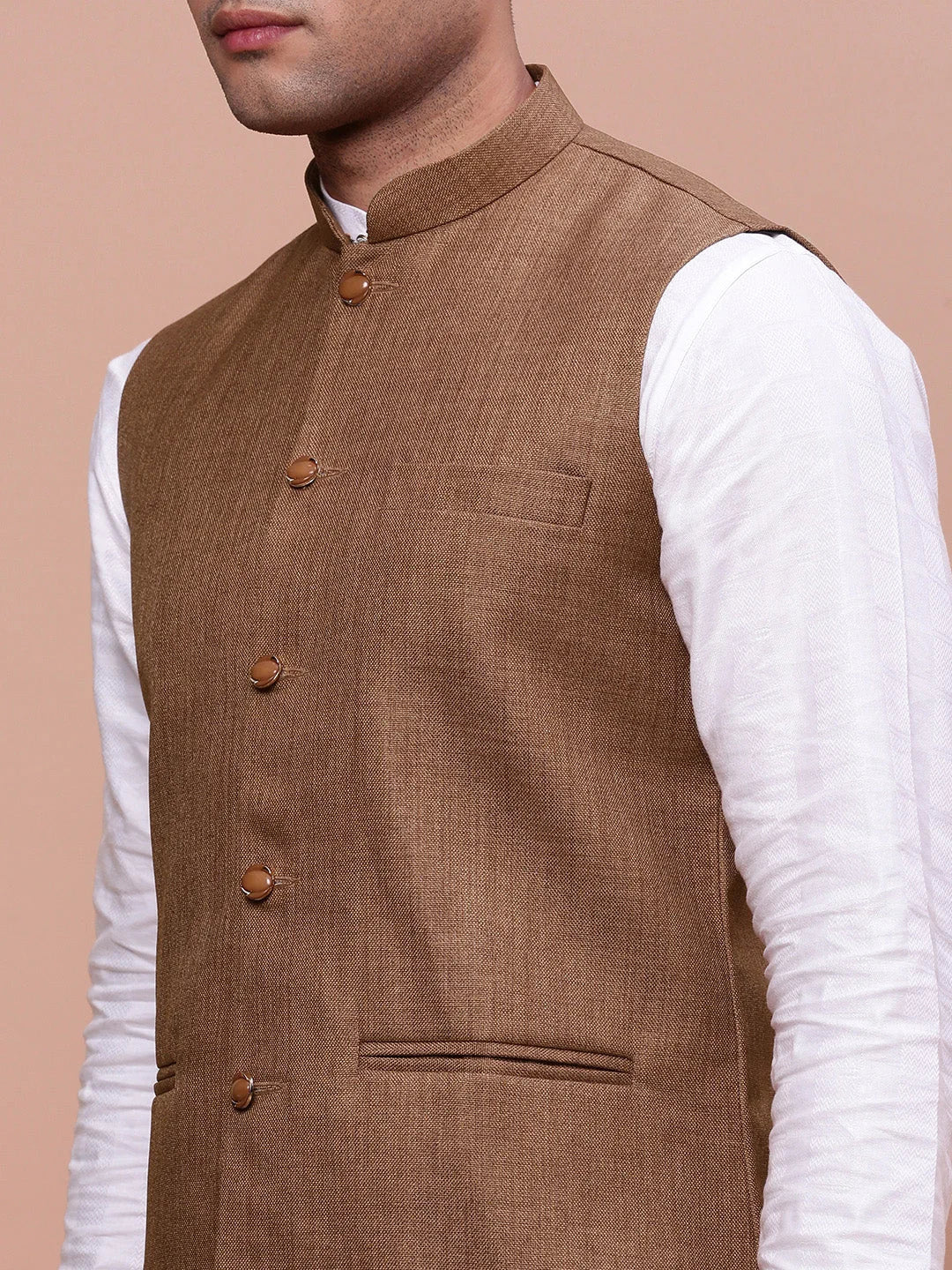 Men's Solid Brown Nehru Jacket | Slim Fit Kurta Pajama Outfit