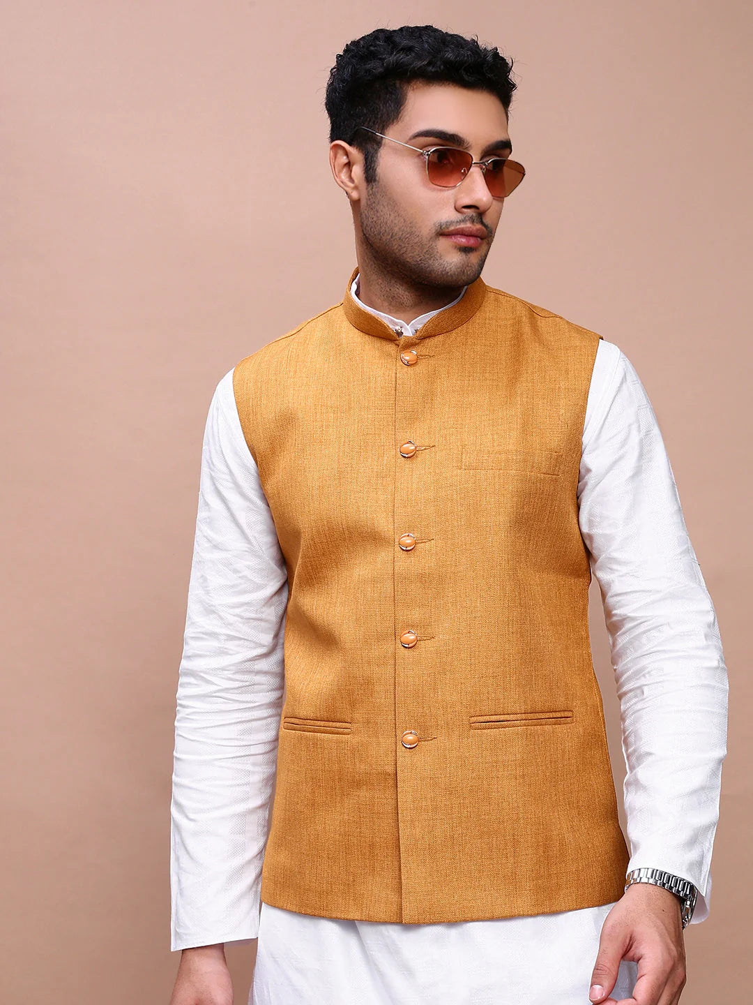Mustard Solid Nehru Jacket - Slim Fit Mens Kurta Pajama Style