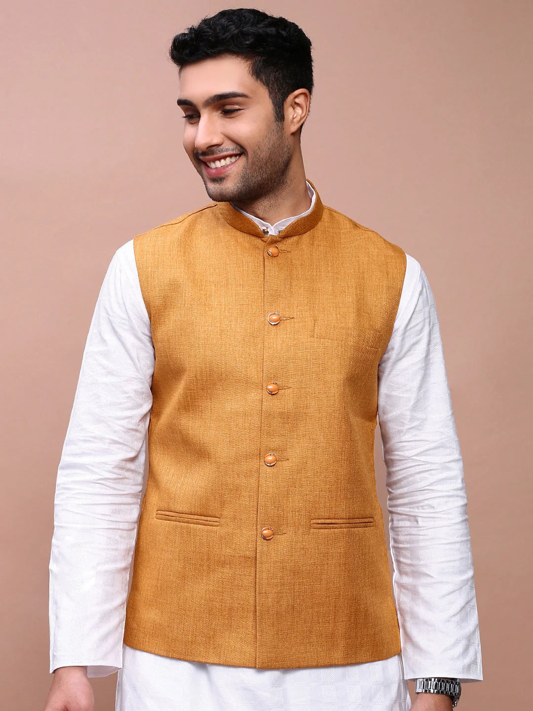 Mustard Solid Nehru Jacket - Slim Fit Mens Kurta Pajama Style