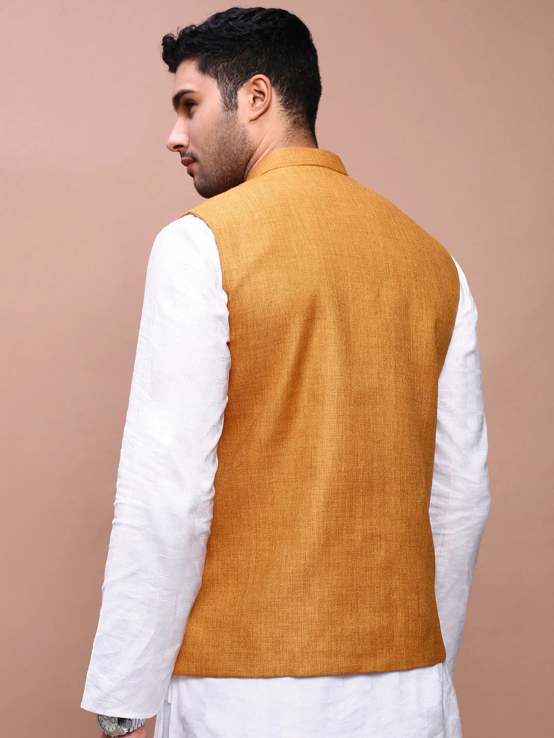 Mustard Solid Nehru Jacket - Slim Fit Mens Kurta Pajama Style