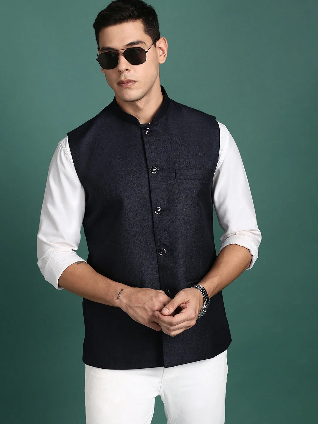 Navy Blue Solid Nehru Jacket - Mens Kurta Pajama Set, Slim Fit