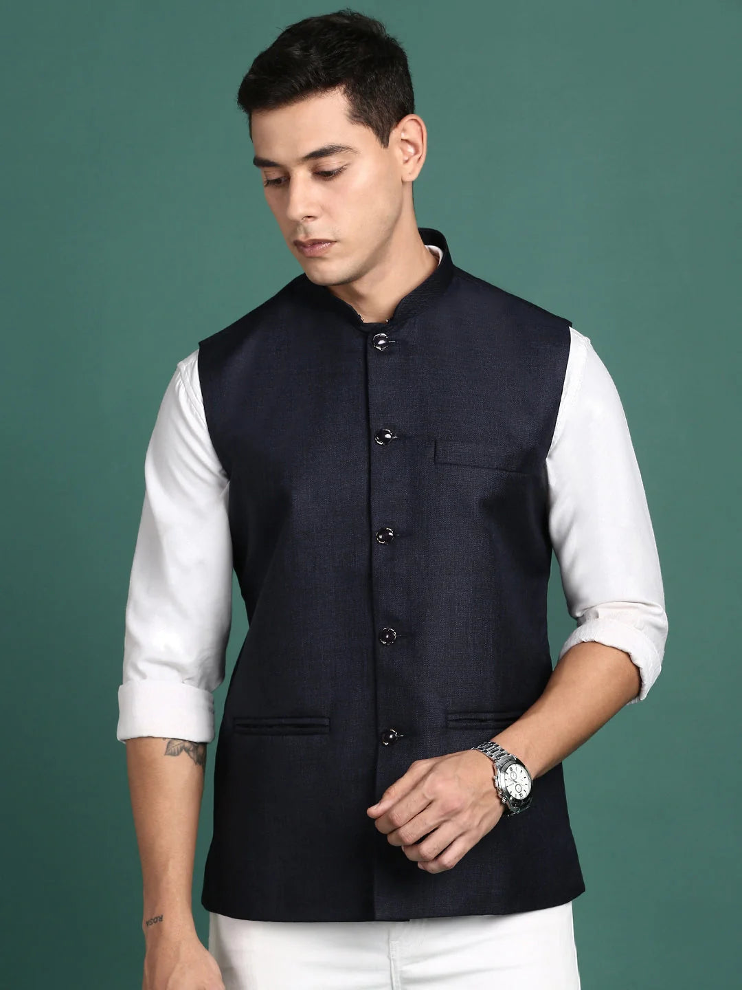 Navy Blue Solid Nehru Jacket - Mens Kurta Pajama Set, Slim Fit