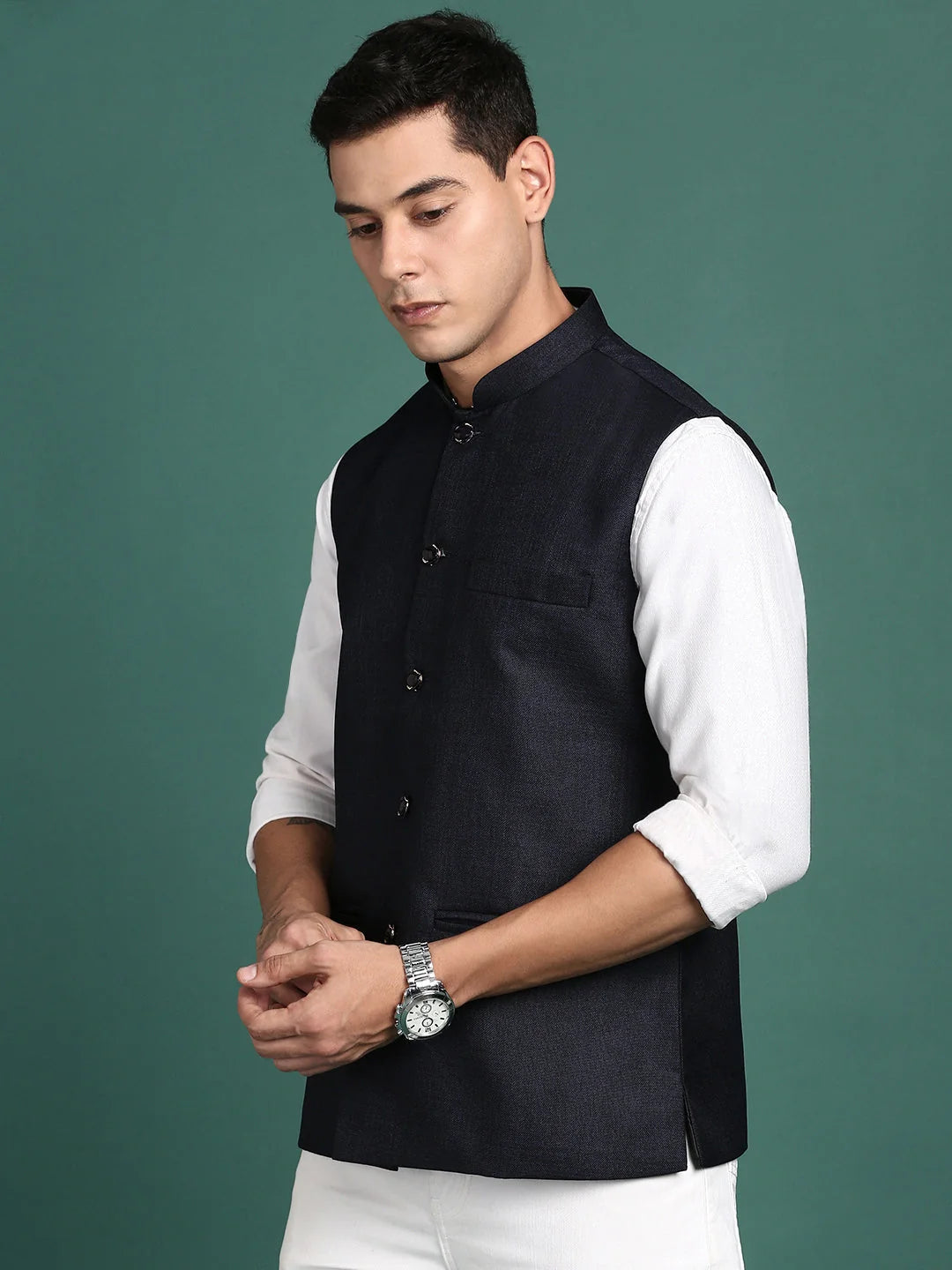 Navy Blue Solid Nehru Jacket - Mens Kurta Pajama Set, Slim Fit
