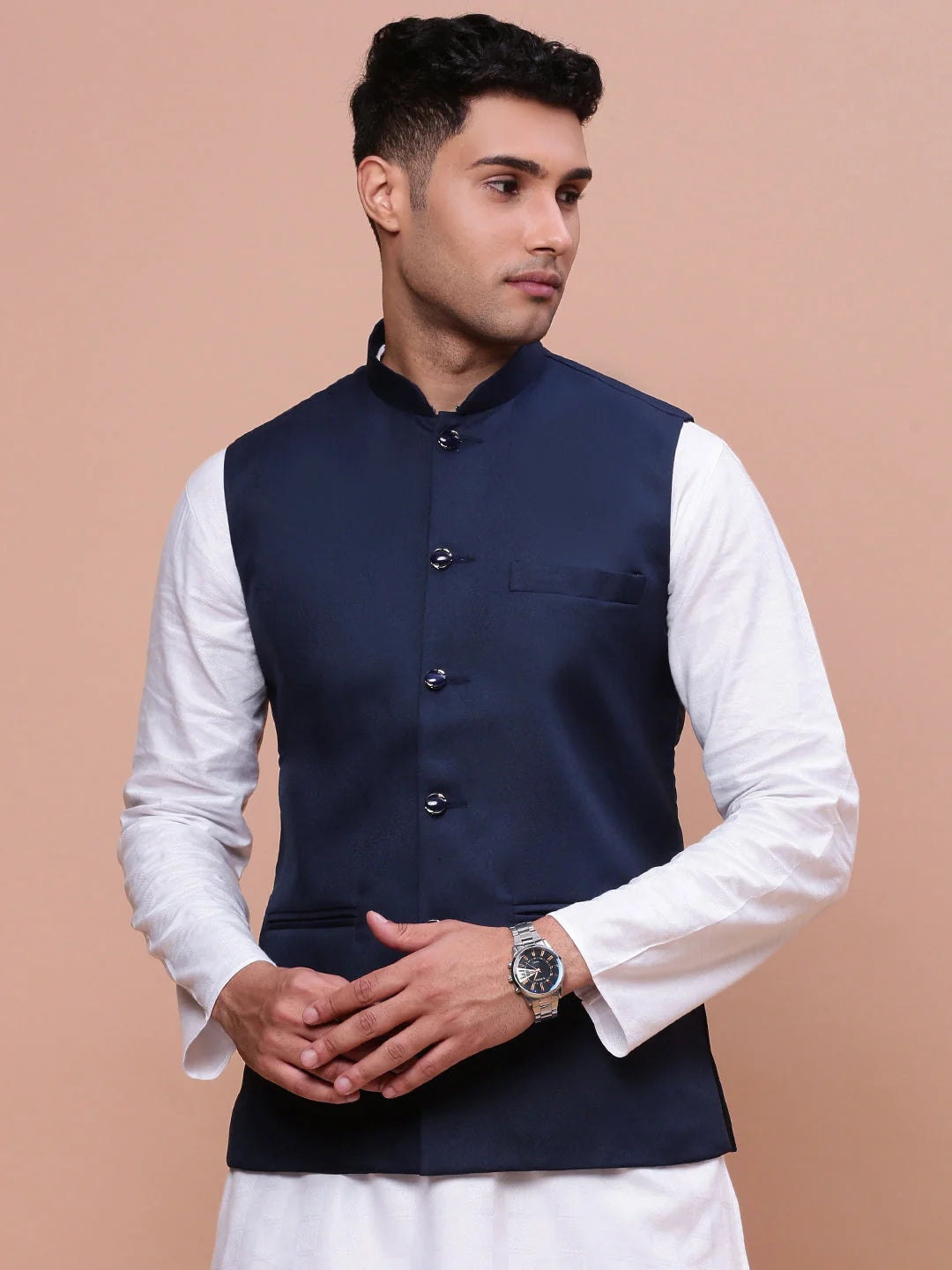 Solid Blue Slim Fit Nehru Jacket | Mens Kurta Pajama Style