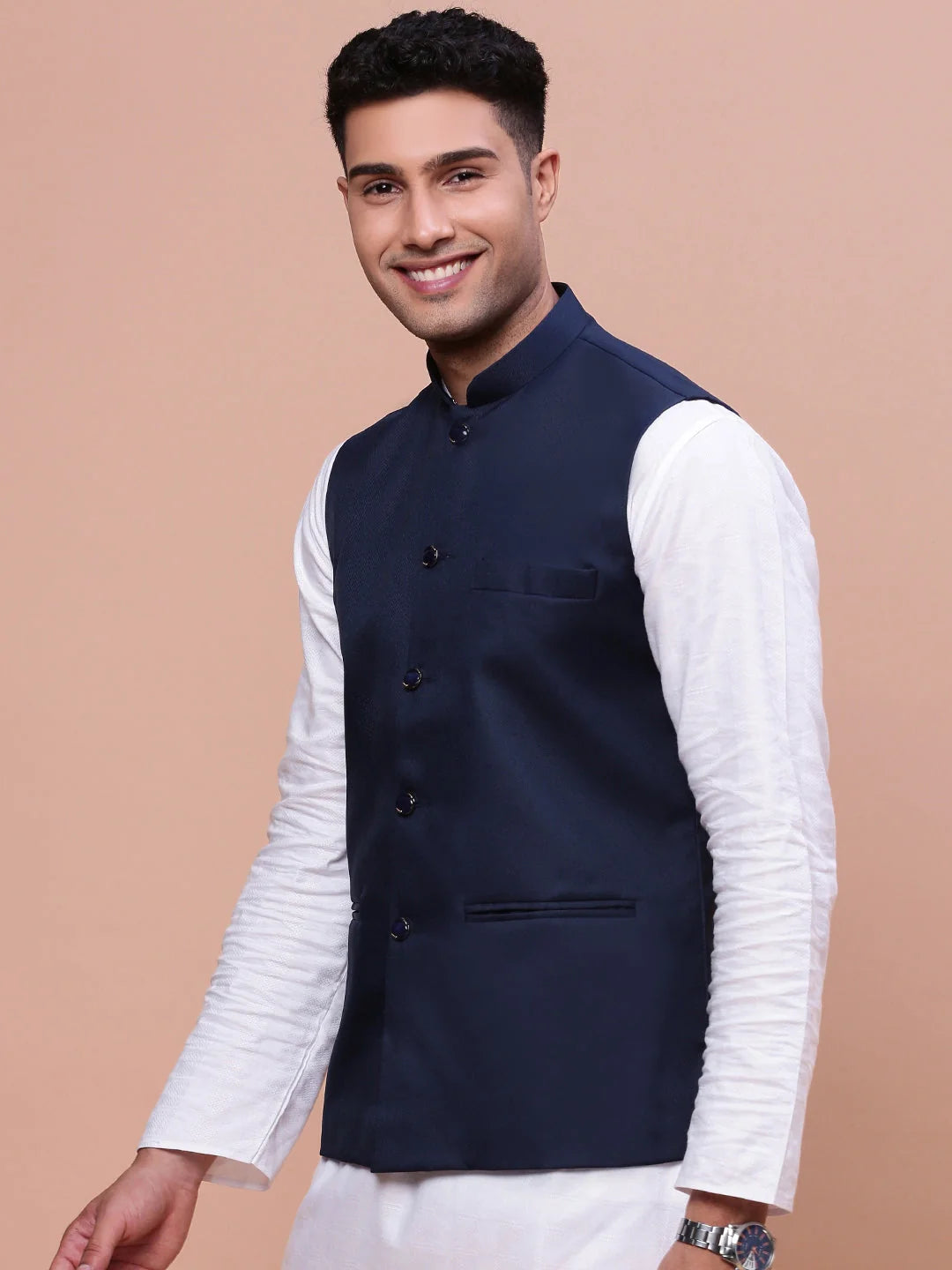 Solid Blue Slim Fit Nehru Jacket | Mens Kurta Pajama Style