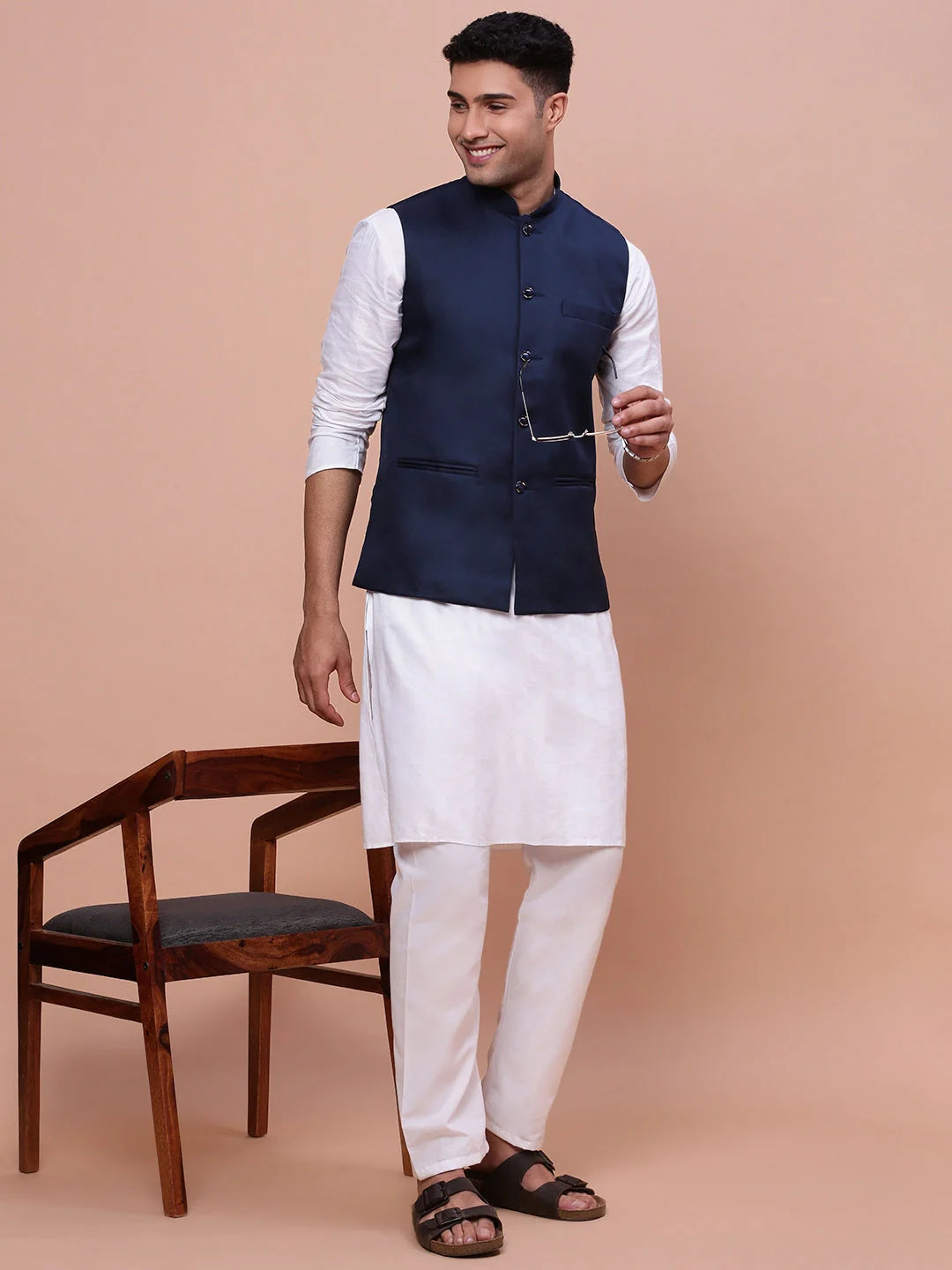 Solid Blue Slim Fit Nehru Jacket | Mens Kurta Pajama Style