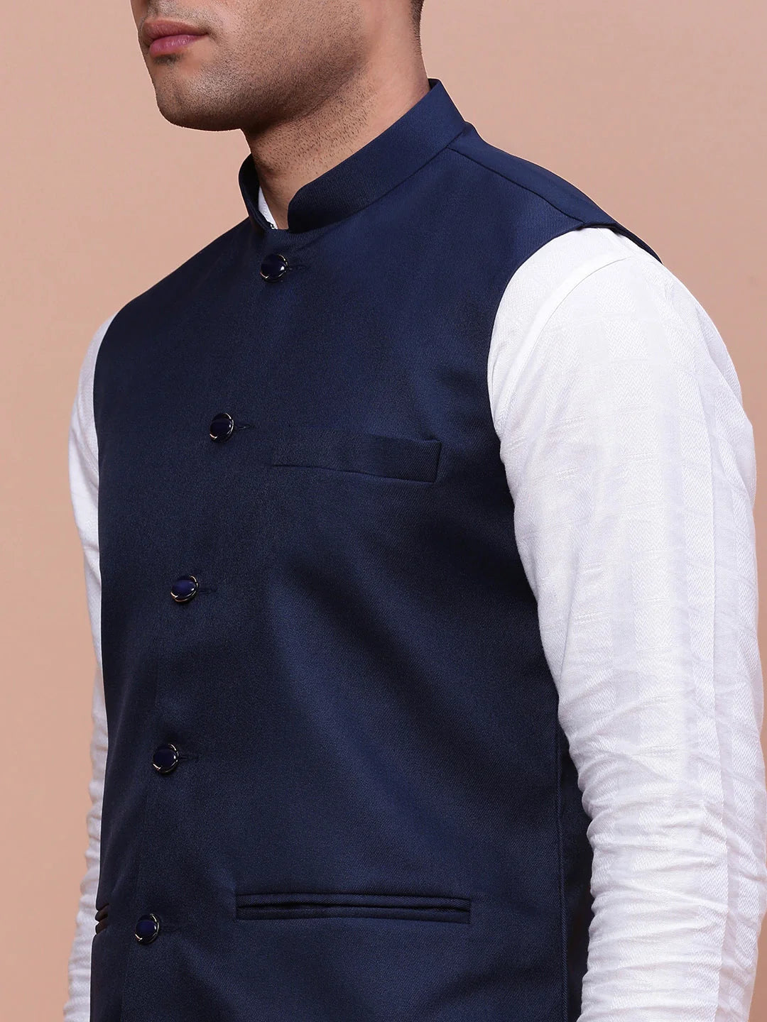 Solid Blue Slim Fit Nehru Jacket | Mens Kurta Pajama Style