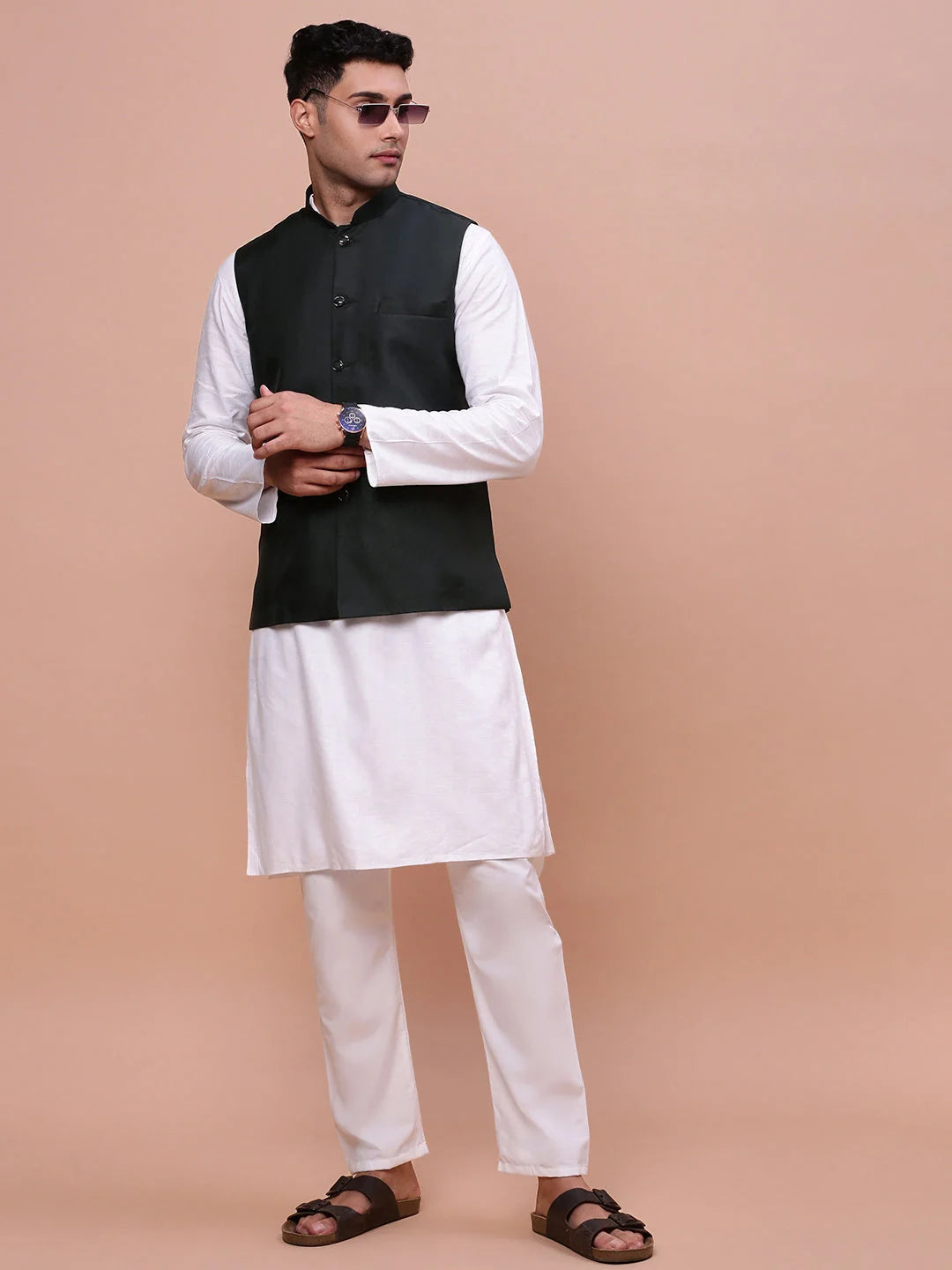 Men's Solid Charcoal Nehru Jacket | Slim Fit Kurta Pajama Style