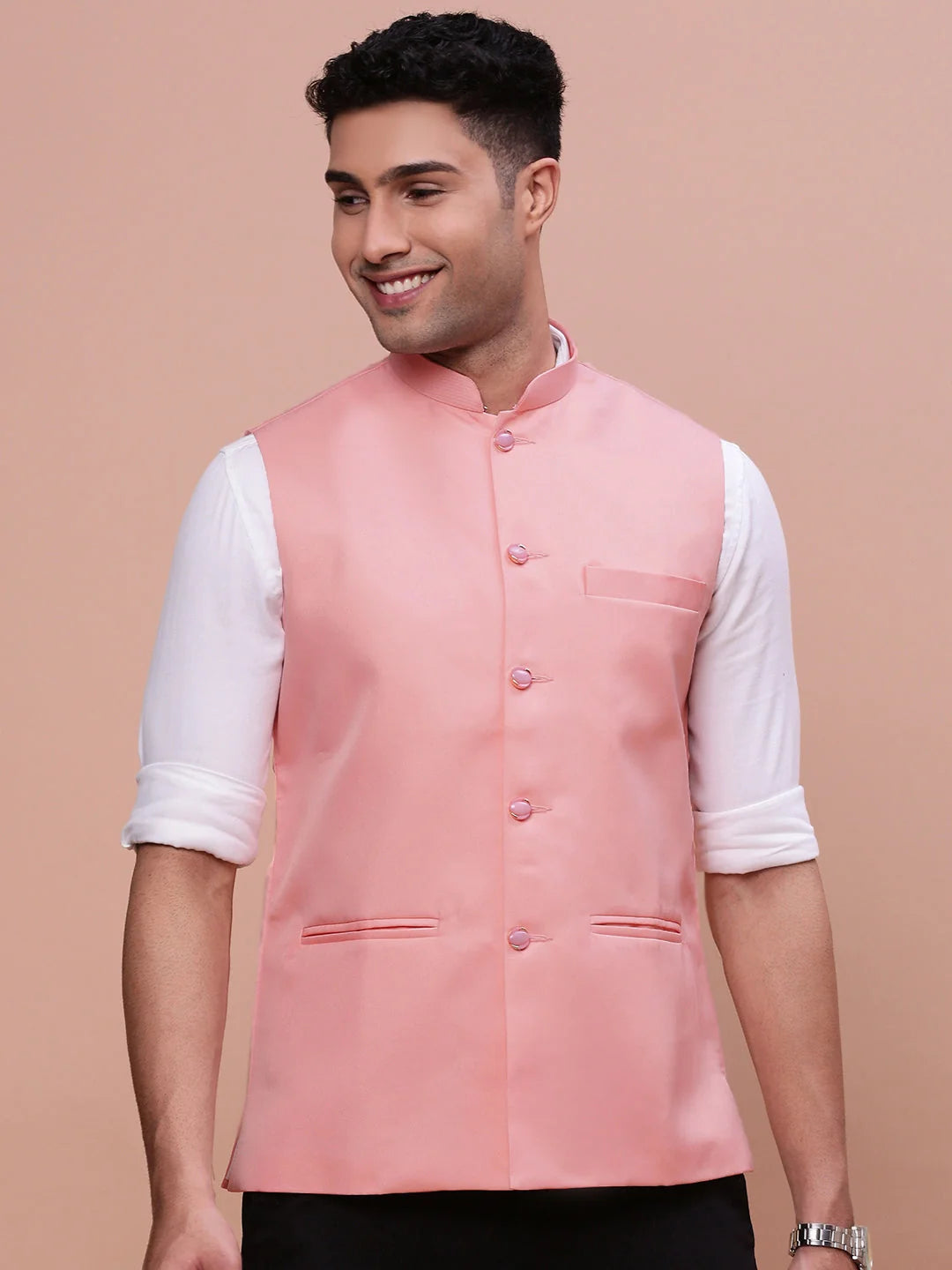 Men's Solid Peach Nehru Jacket | Slim Fit Kurta Pajama Look