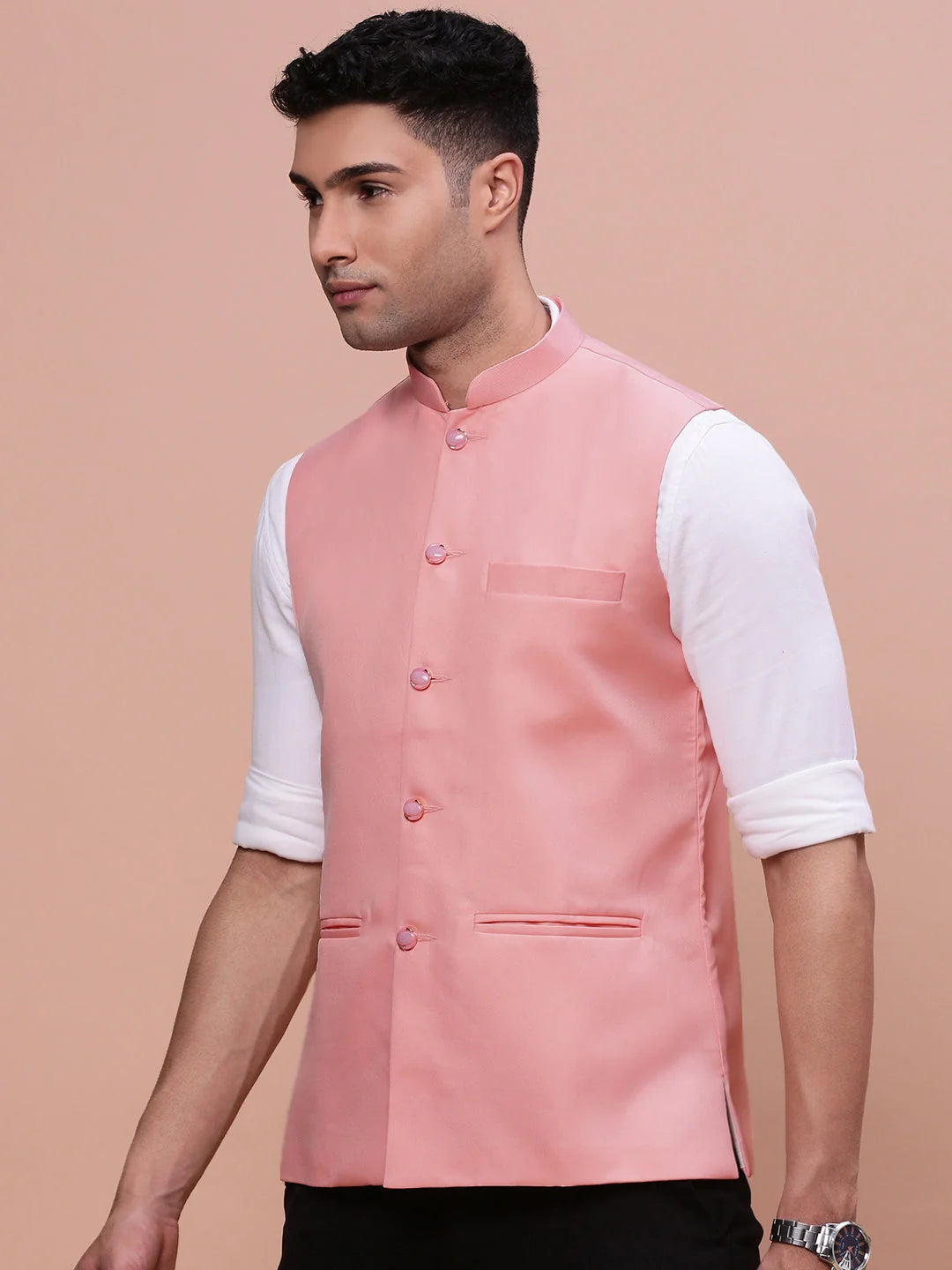 Men's Solid Peach Nehru Jacket | Slim Fit Kurta Pajama Look