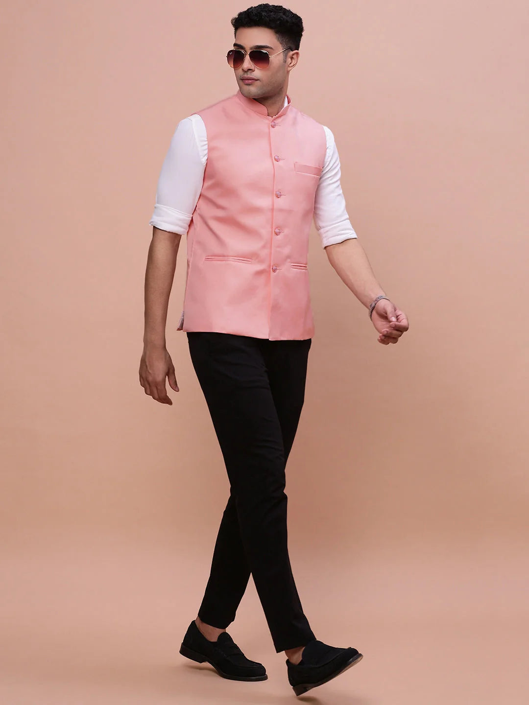 Men's Solid Peach Nehru Jacket | Slim Fit Kurta Pajama Look