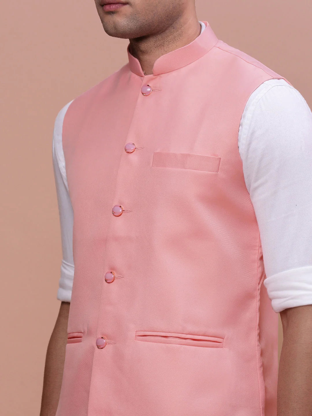 Men's Solid Peach Nehru Jacket | Slim Fit Kurta Pajama Look