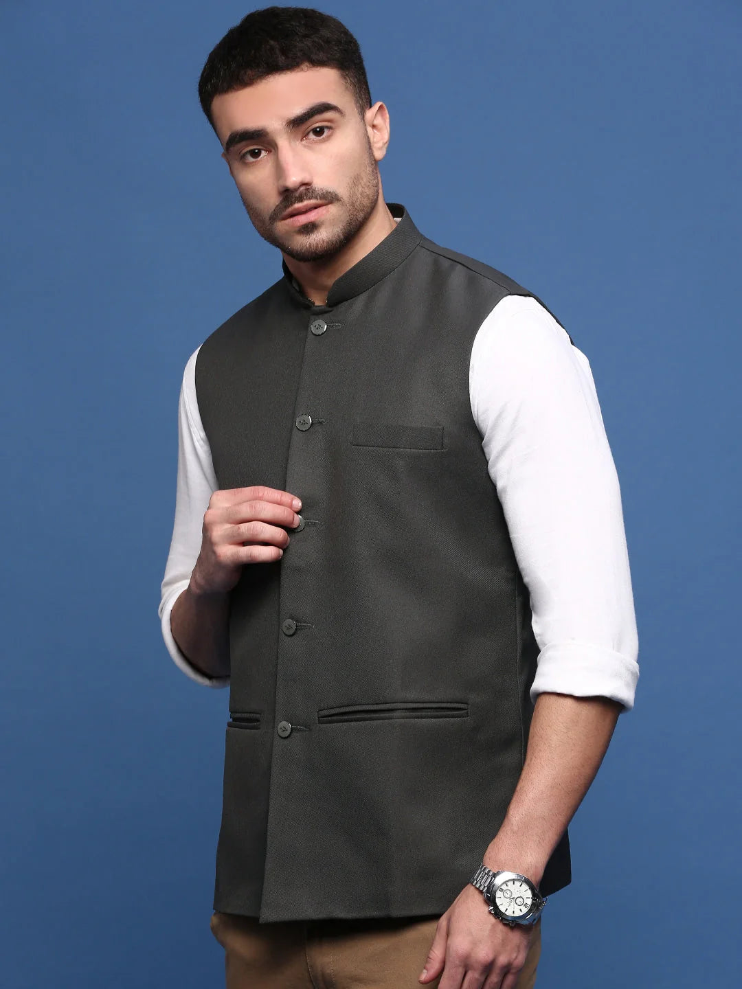 Charcoal Nehru Jacket | Solid Cotton Mens Kurta Pajama Set