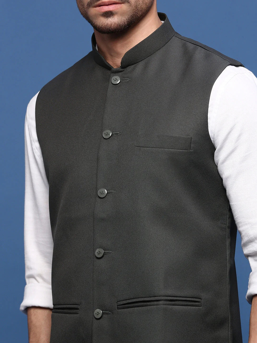 Charcoal Nehru Jacket | Solid Cotton Mens Kurta Pajama Set