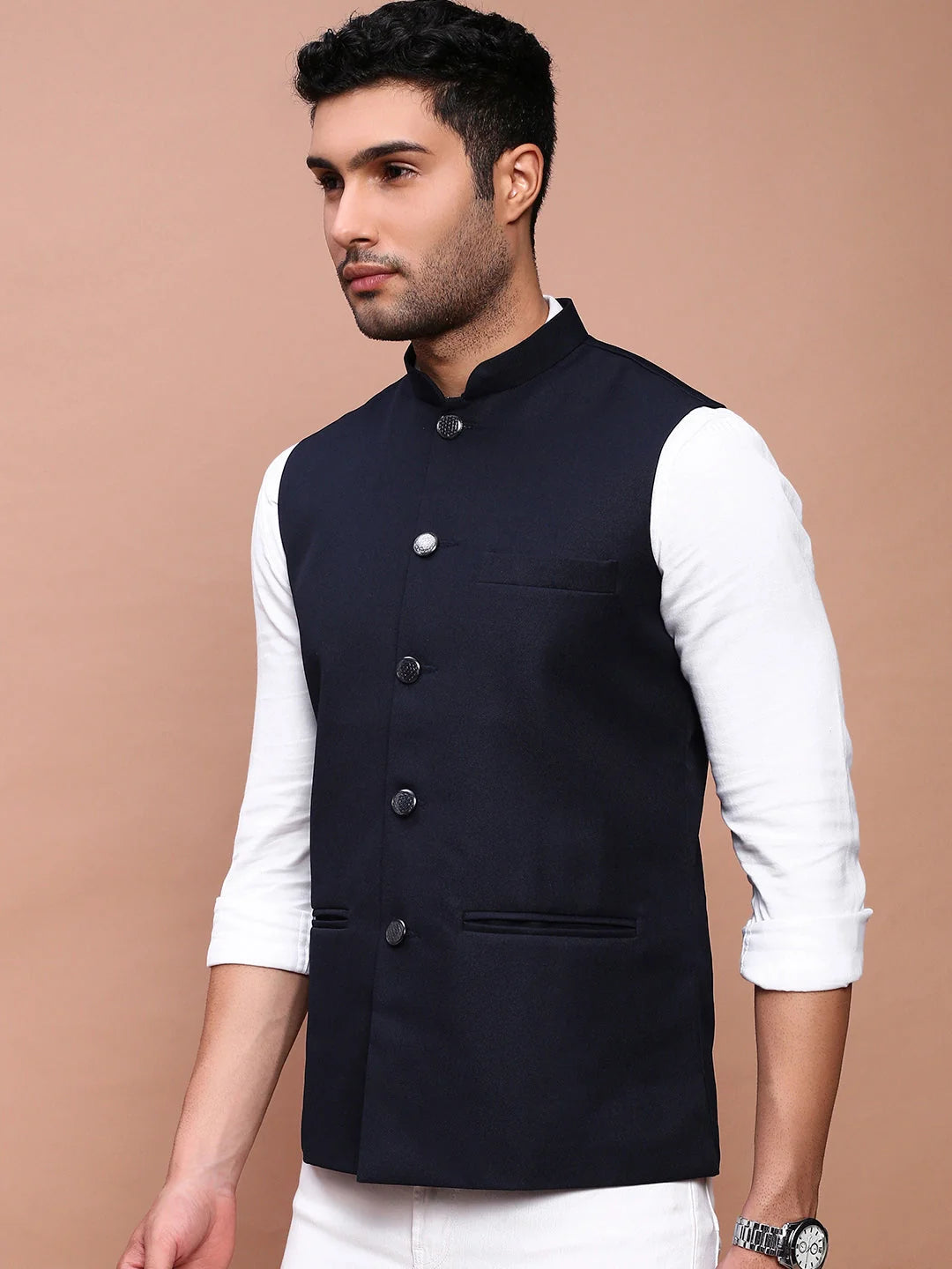 Navy Blue Nehru Jacket - Slim Fit Mens Kurta Pajama Set