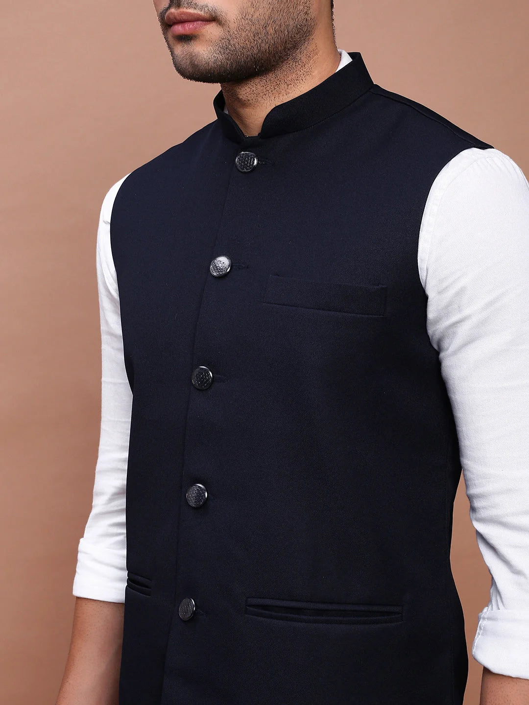 Navy Blue Nehru Jacket - Slim Fit Mens Kurta Pajama Set