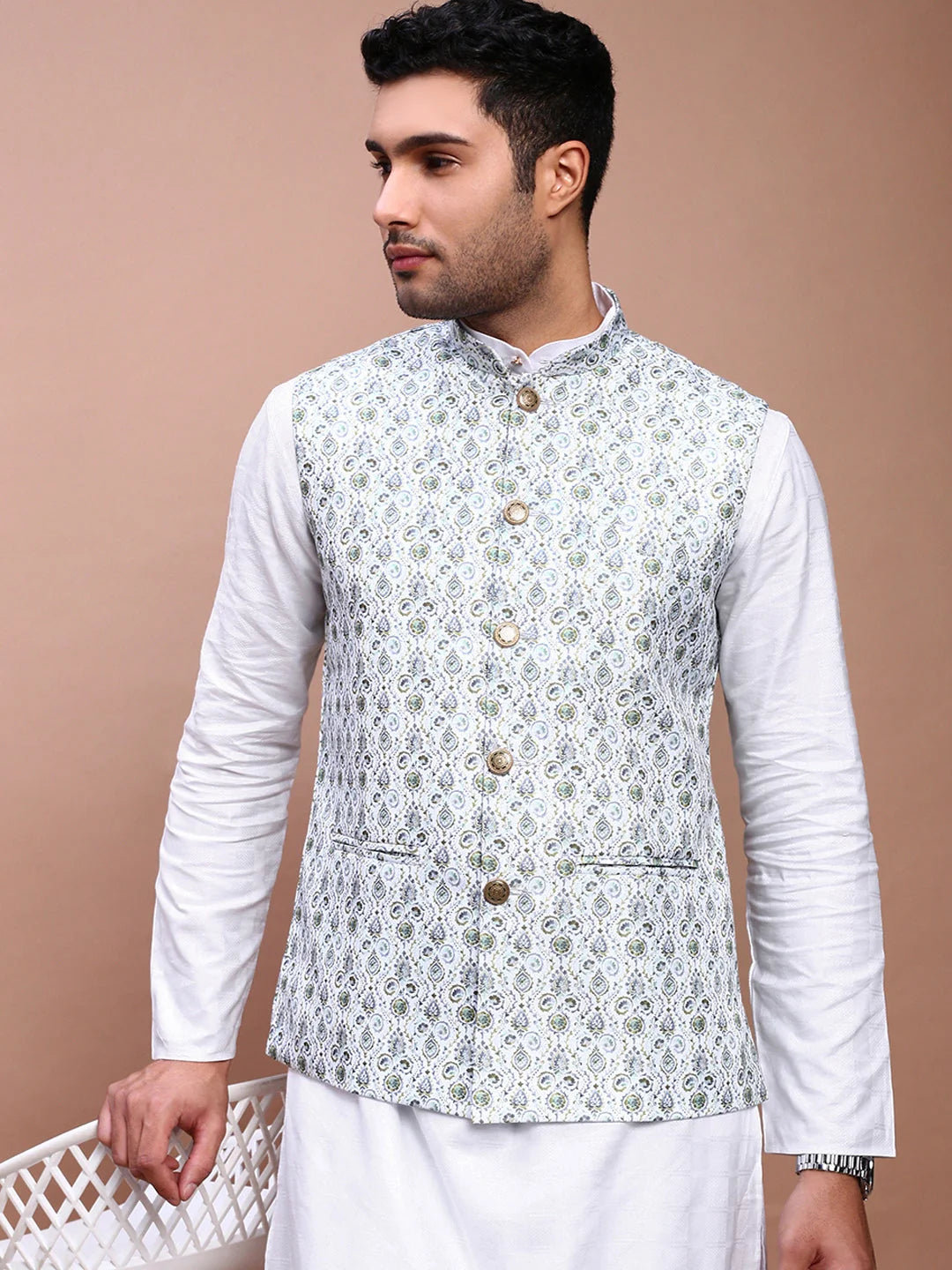 Green Printed Nehru Jacket - Slim Fit Mens Kurta Pajama Set
