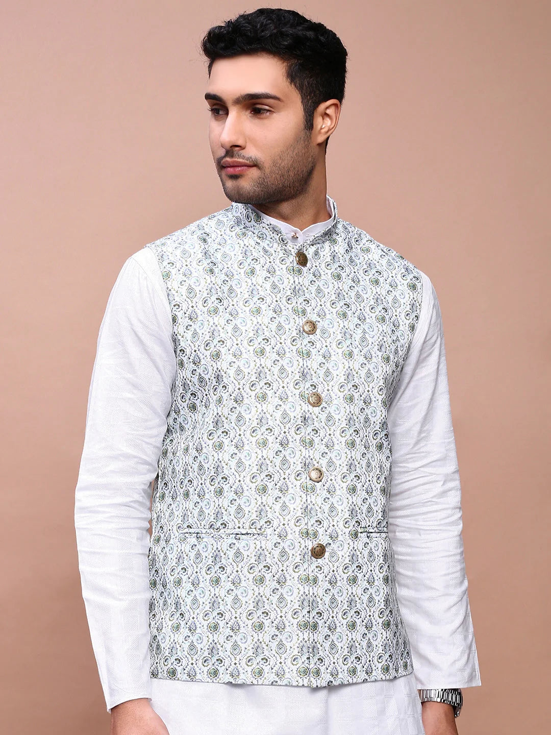 Green Printed Nehru Jacket - Slim Fit Mens Kurta Pajama Set