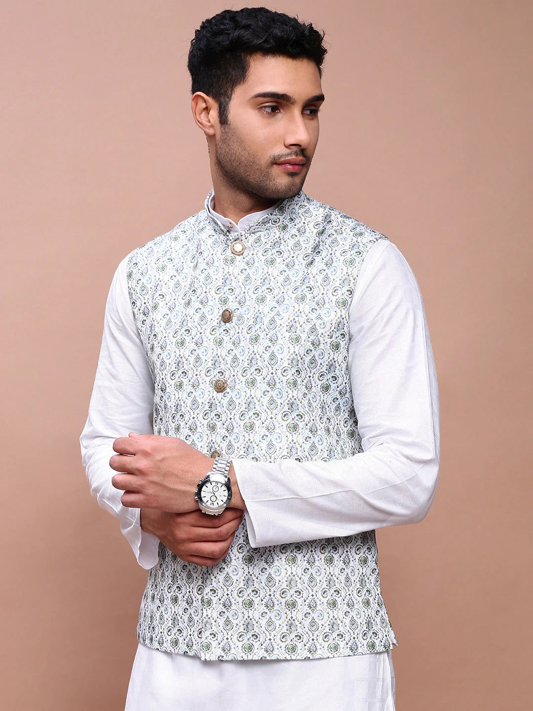 Green Printed Nehru Jacket - Slim Fit Mens Kurta Pajama Set