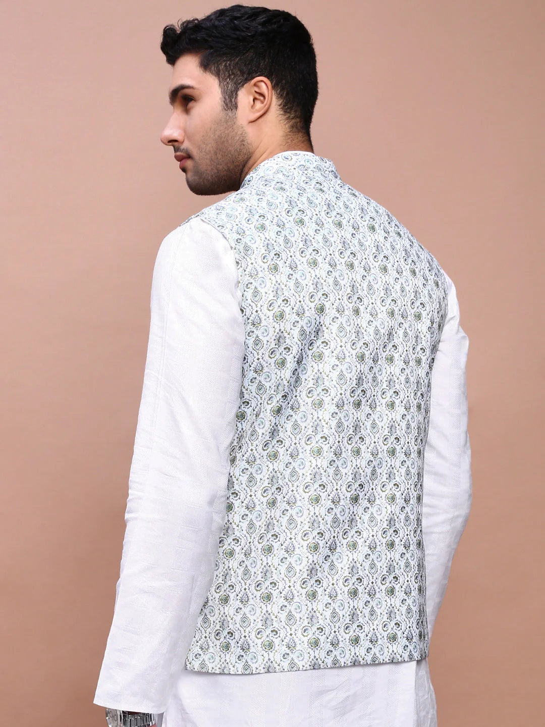 Green Printed Nehru Jacket - Slim Fit Mens Kurta Pajama Set