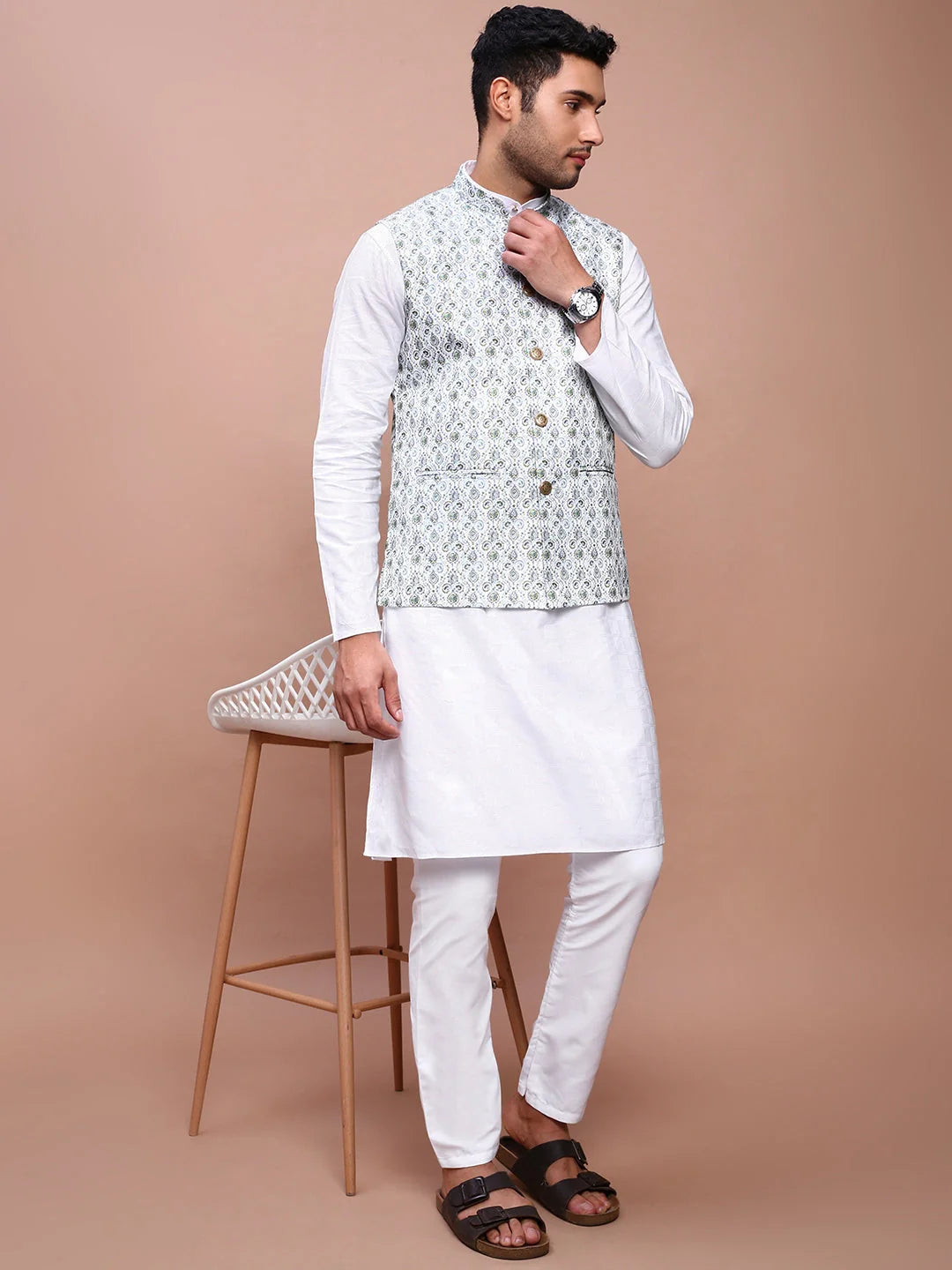 Green Printed Nehru Jacket - Slim Fit Mens Kurta Pajama Set
