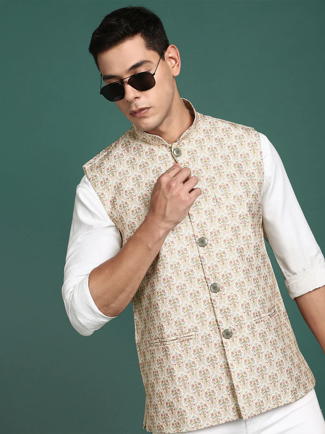 Cream Printed Nehru Jacket - Mens Kurta Pajama Style