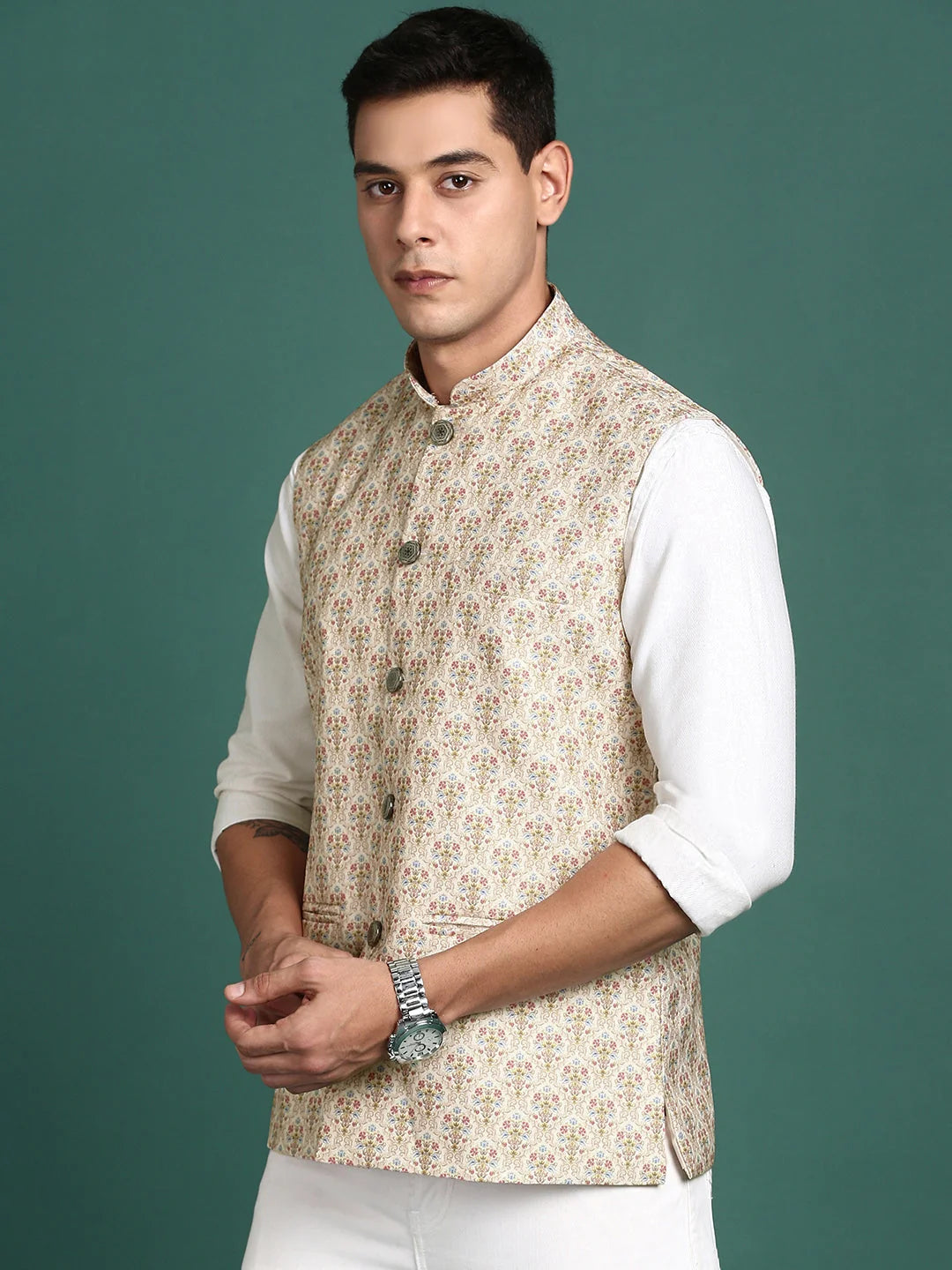 Cream Printed Nehru Jacket - Mens Kurta Pajama Style