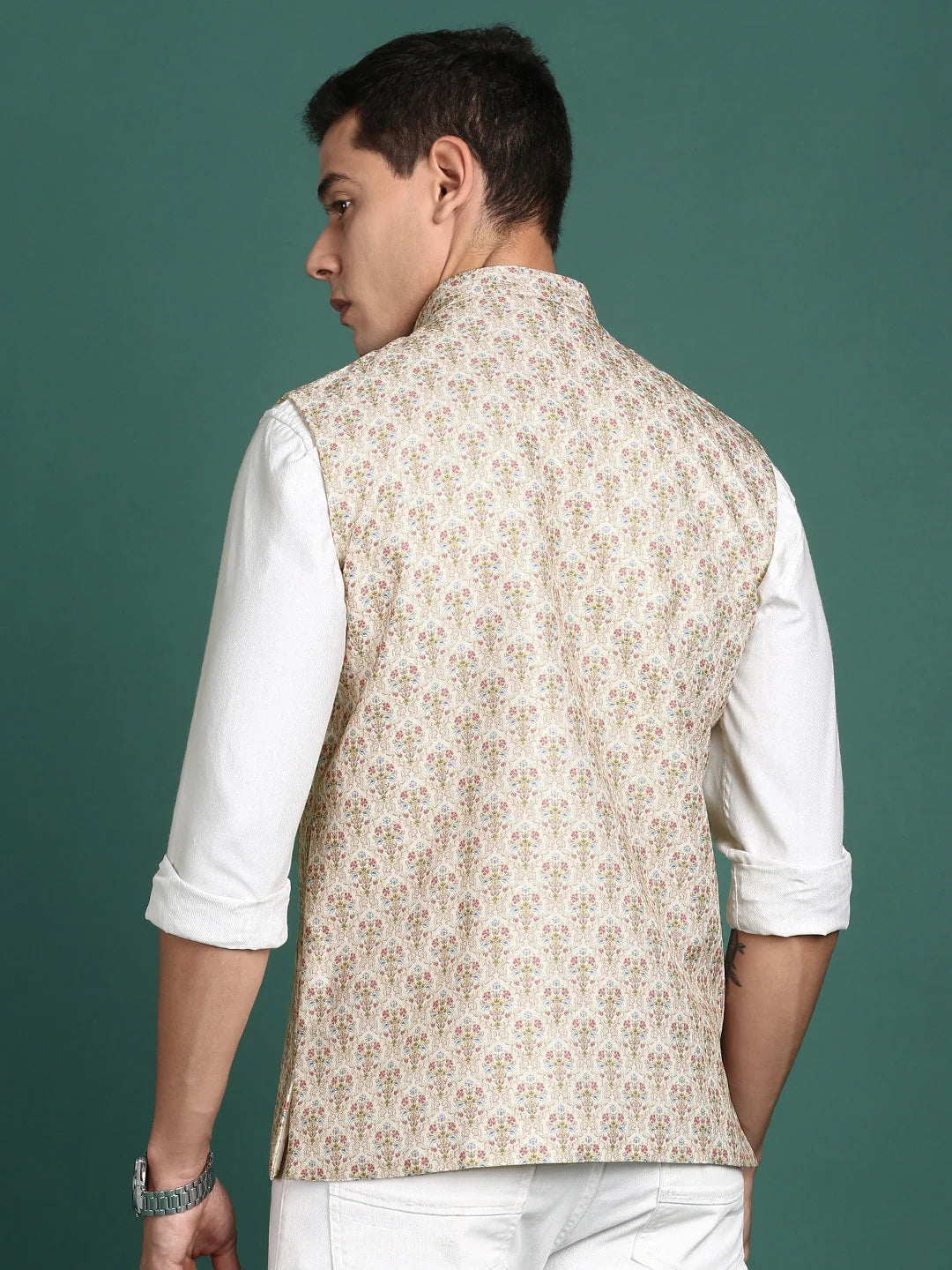 Cream Printed Nehru Jacket - Mens Kurta Pajama Style